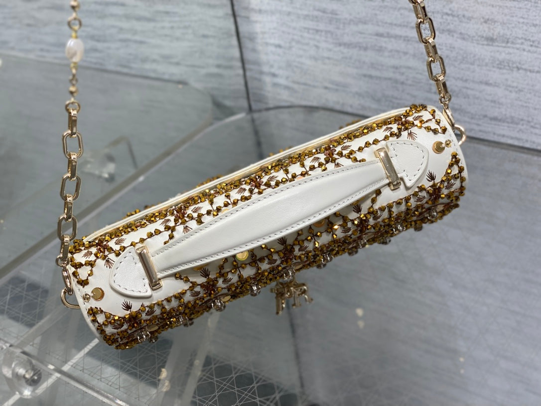 Dior 2025 Microbead Sequin Embroidery Bag 21cm White Gold Calfskin 270503