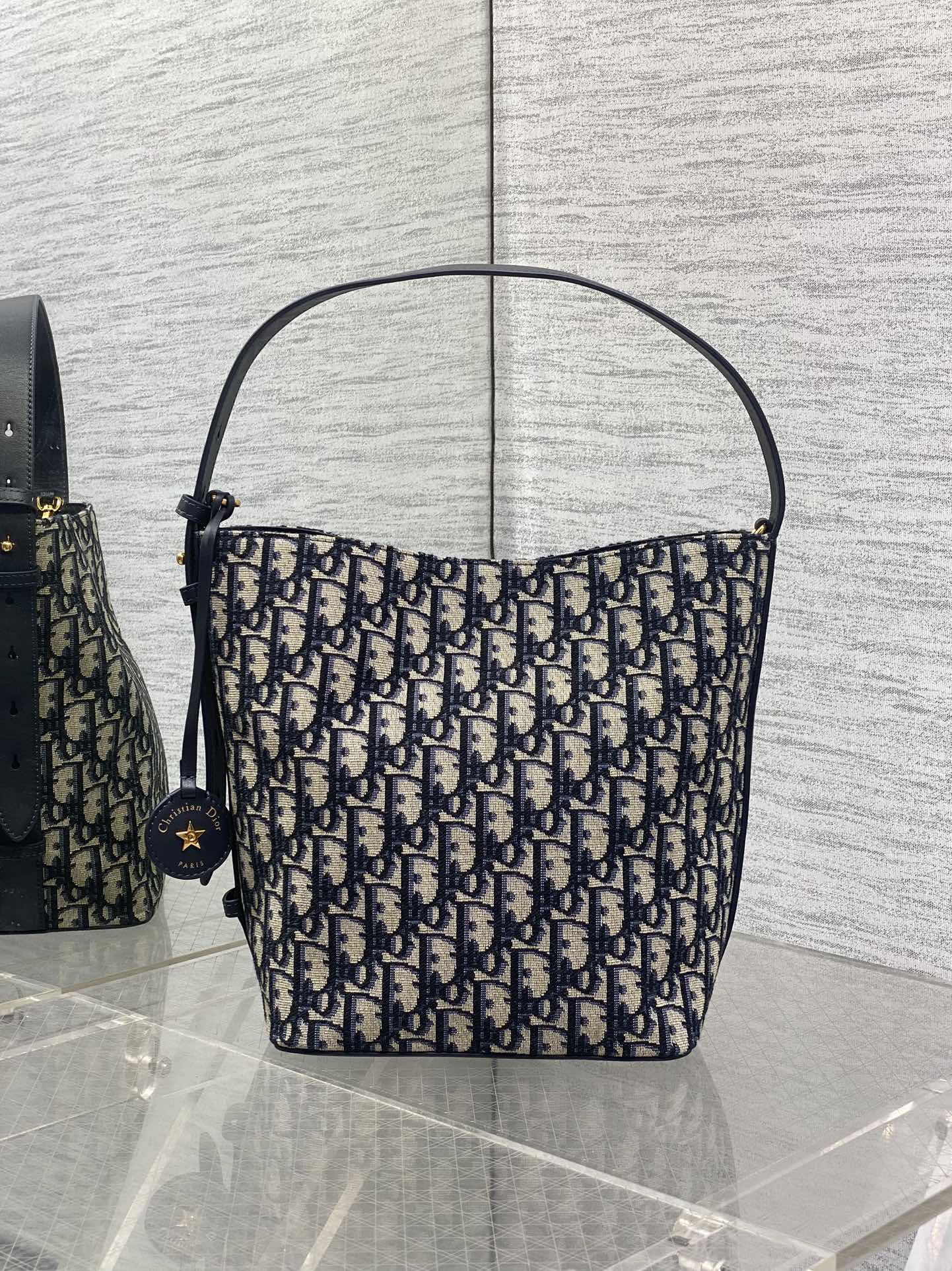 Dior 2025 Star Bucket Bag  Navy Blue mix Beige Canvas Leather 270450