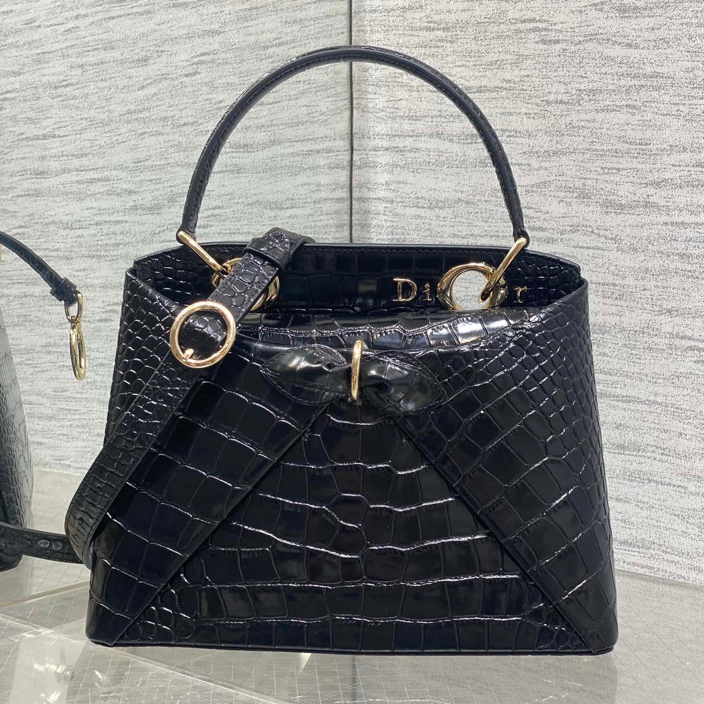 Dior 2025 Crocodile Pattern Bag 28cm Black Leather 272521