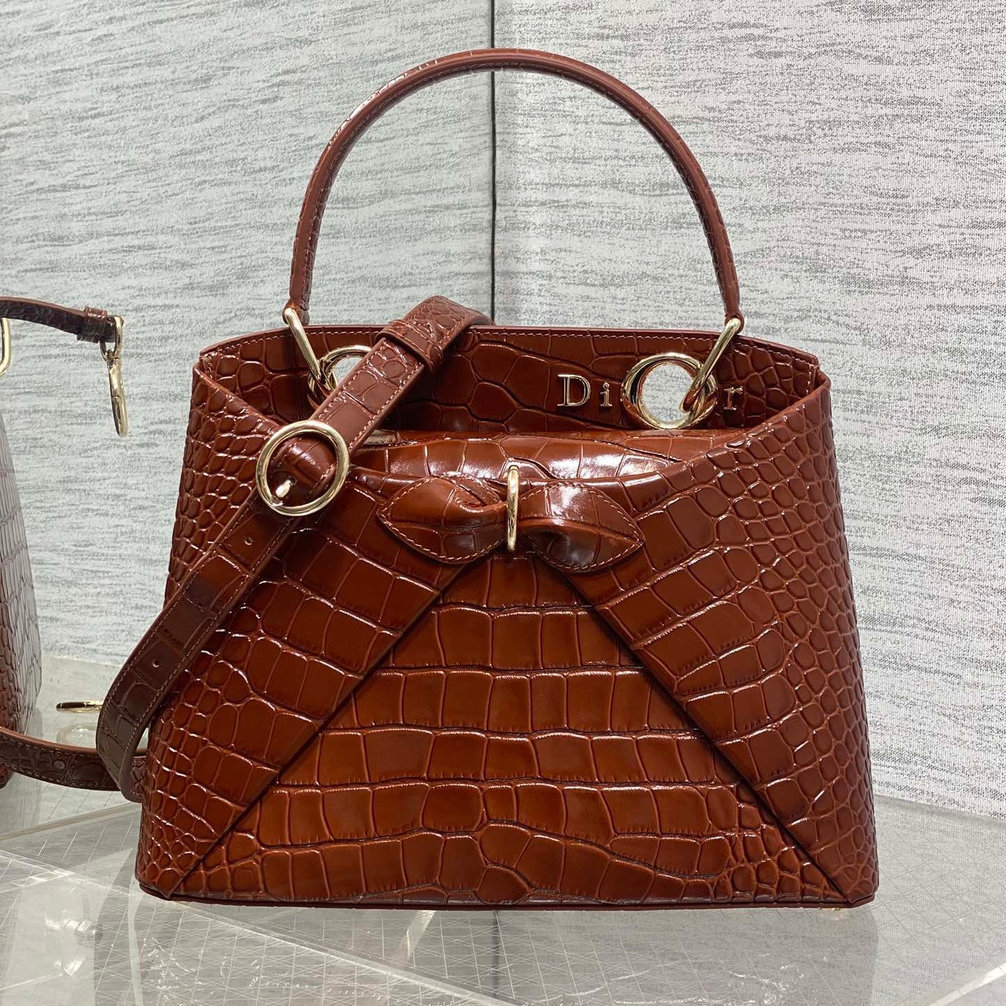 Dior 2025 Crocodile Pattern Bag 28cm Brown Leather 272523