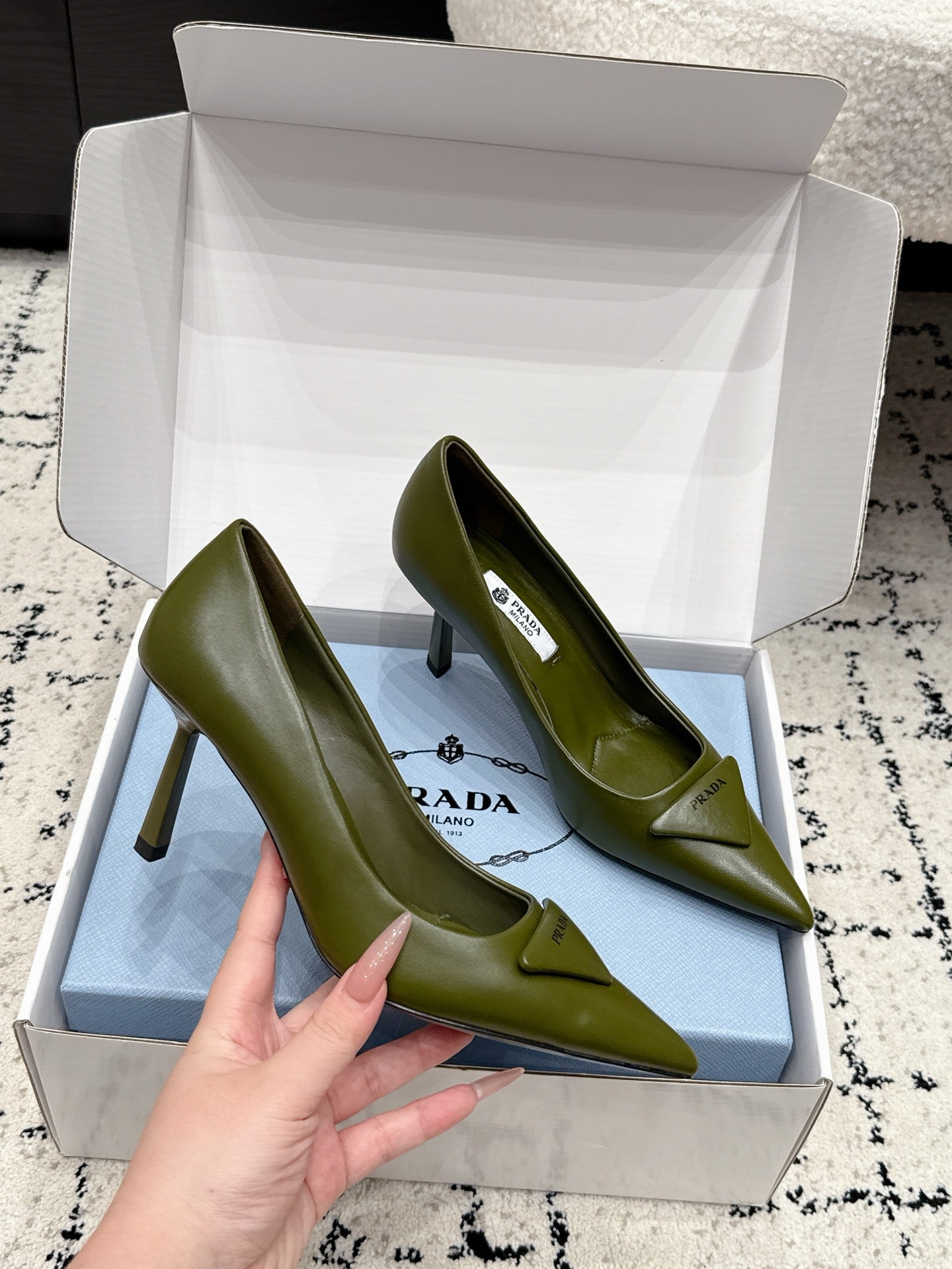 Prada 2026 Pump 75mm Olive Green Cowhide 858218