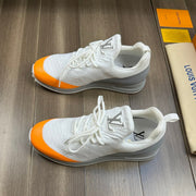 SNEAKERS IN WHITE MESH BREATHABLE FABRIC AND BLUE MIX ORANGE CALFSKIN