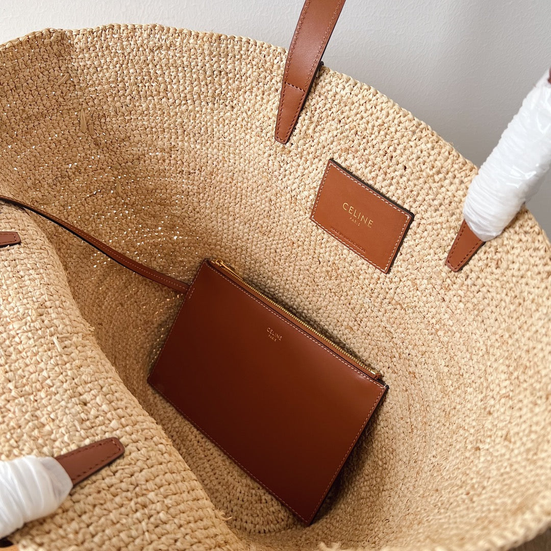 Celine Medium Supple Classic Panier 30cm Brown Calfskin Beige Raffia
