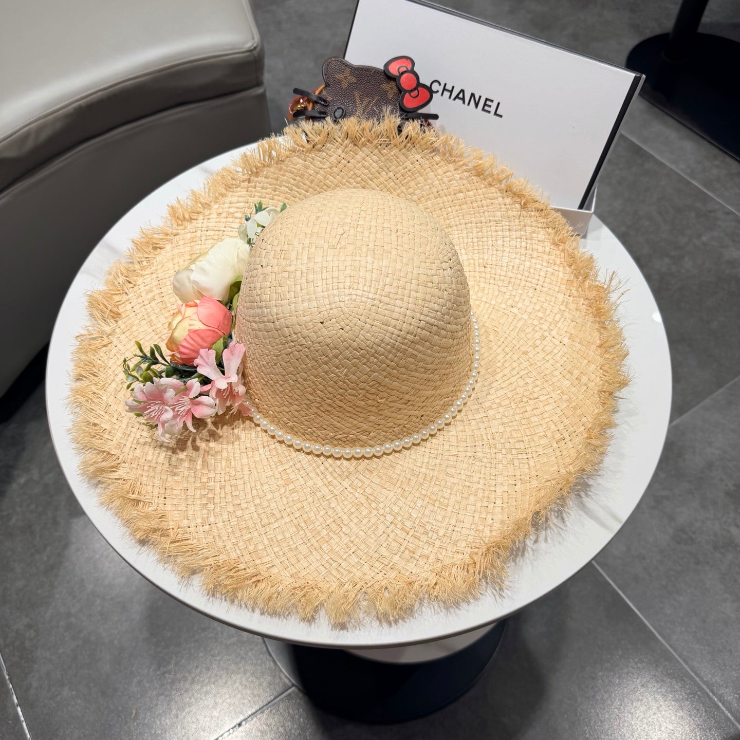 Chanel Flower Raffia Straw Wide-brimmed Hat 400708