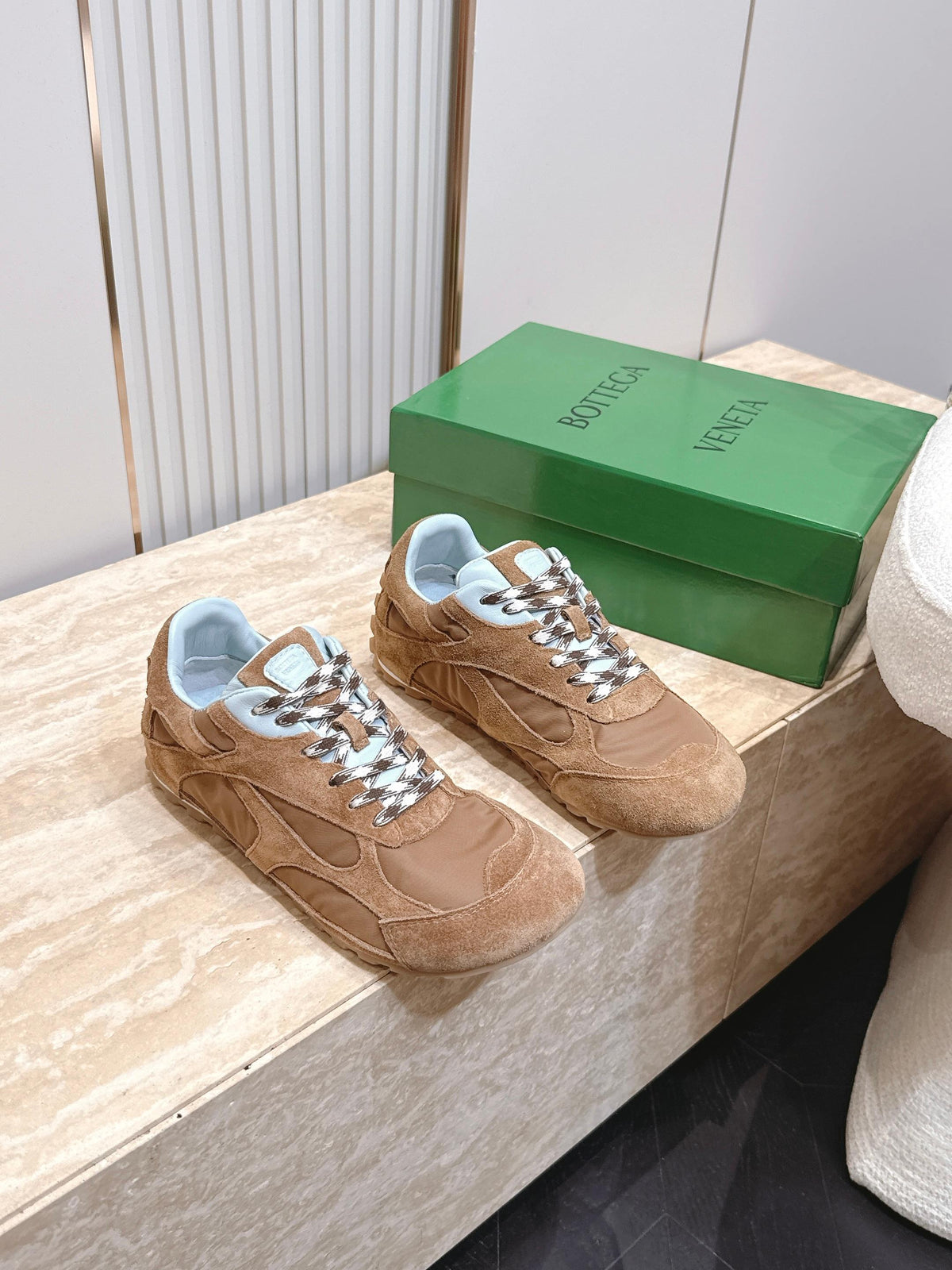 Bottega Veneta 2026 Orbit Flash Suede-Trimmed Sneakers Brown Suede