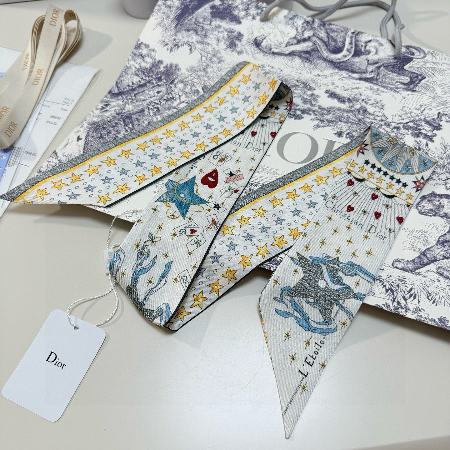 CD Twilly Mini Scarf 105cm Tarot Card White Yellow Mulberry Silk 928083