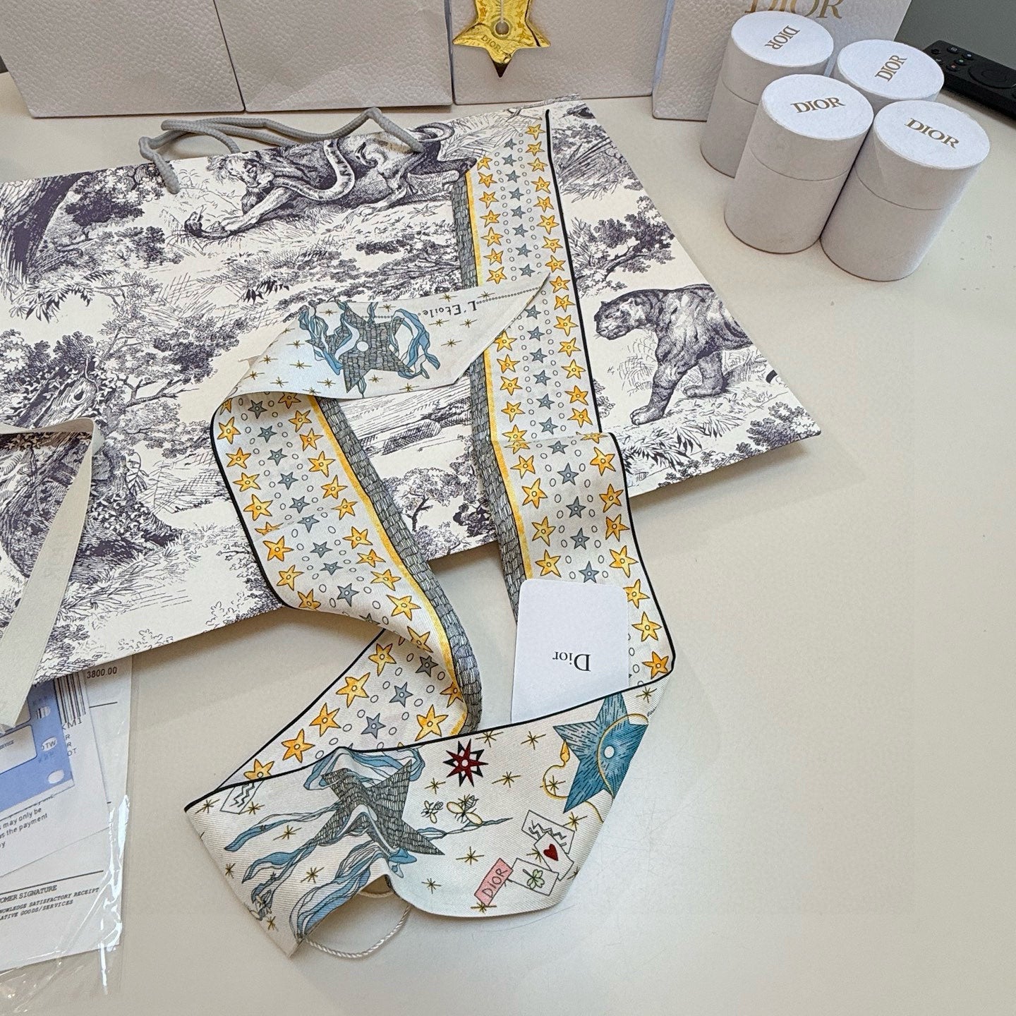 CD Twilly Mini Scarf 105cm Tarot Card White Yellow Mulberry Silk 928083