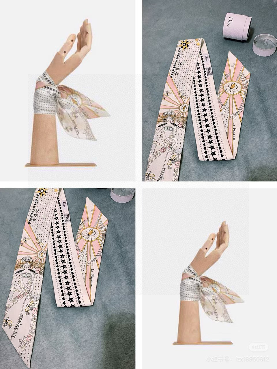 CD Twilly Mini Scarf 105cm Tarot Card White Pink Mulberry Silk 928084
