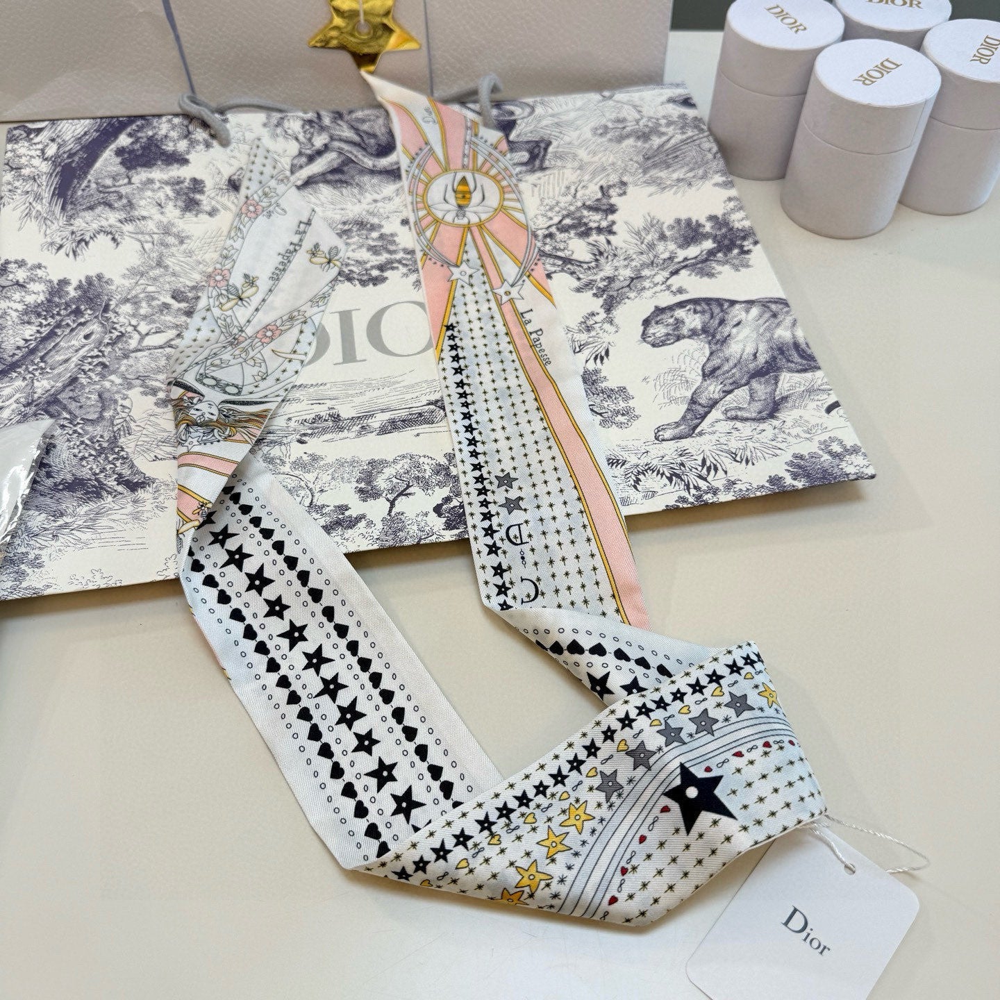 CD Twilly Mini Scarf 105cm Tarot Card White Pink Mulberry Silk 928084