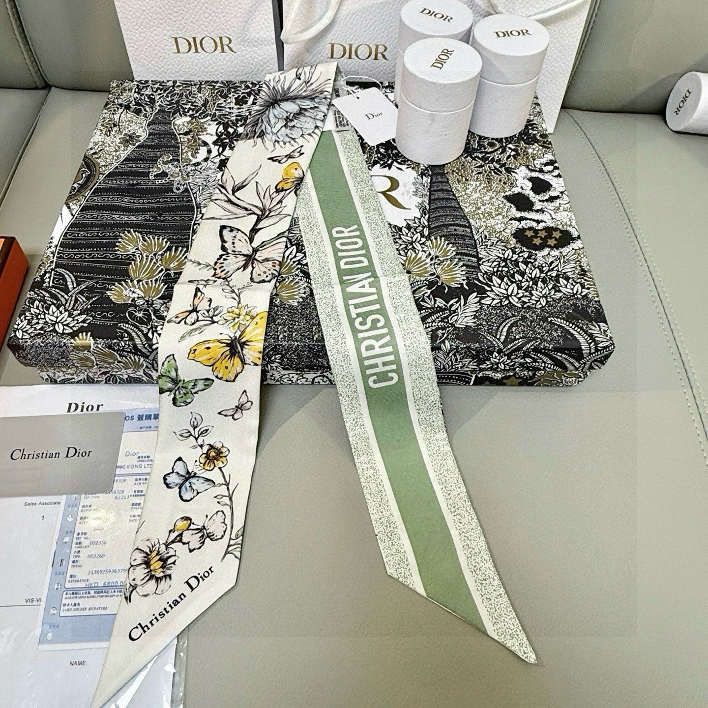 CD Twilly Mini Scarf 105cm Green Black Mulberry Silk 935251