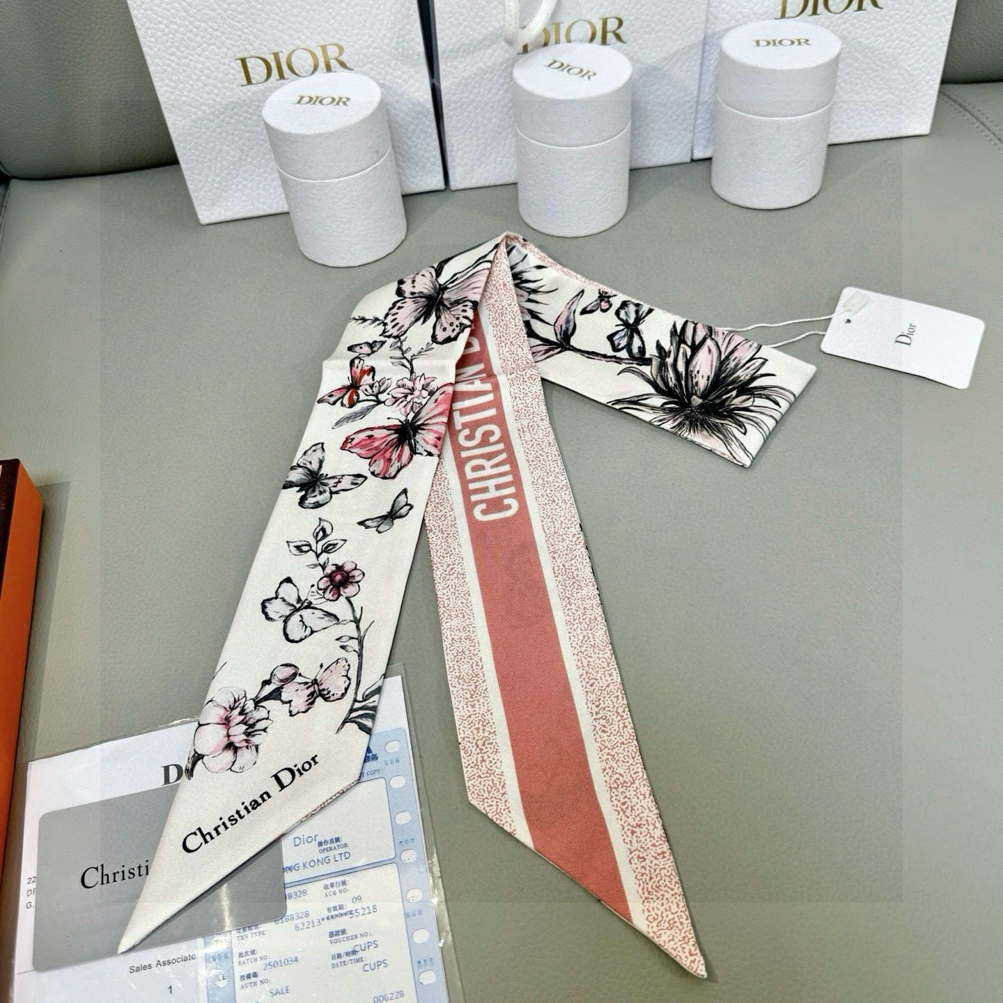 CD Twilly Mini Scarf 105cm Pink Black White Mulberry Silk 935252