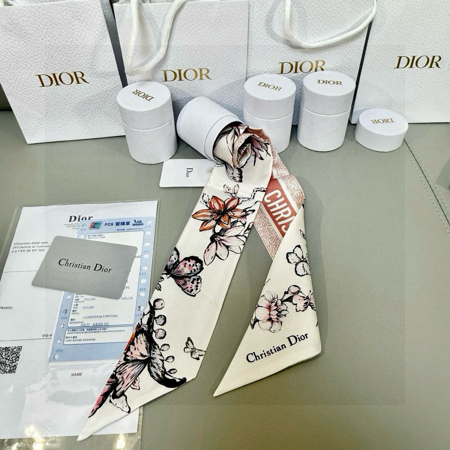 CD Twilly Mini Scarf 105cm Pink Black White Mulberry Silk 935252