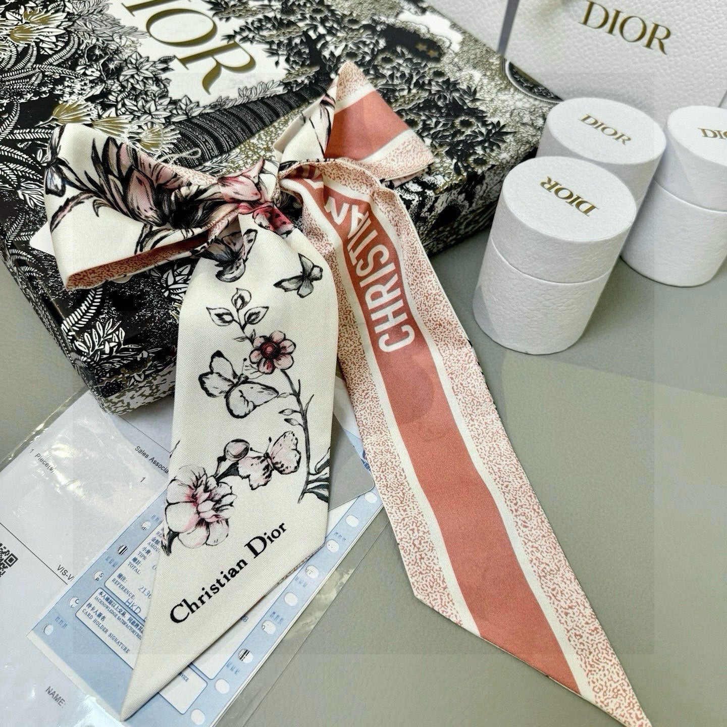 CD Twilly Mini Scarf 105cm Pink Black White Mulberry Silk 935252