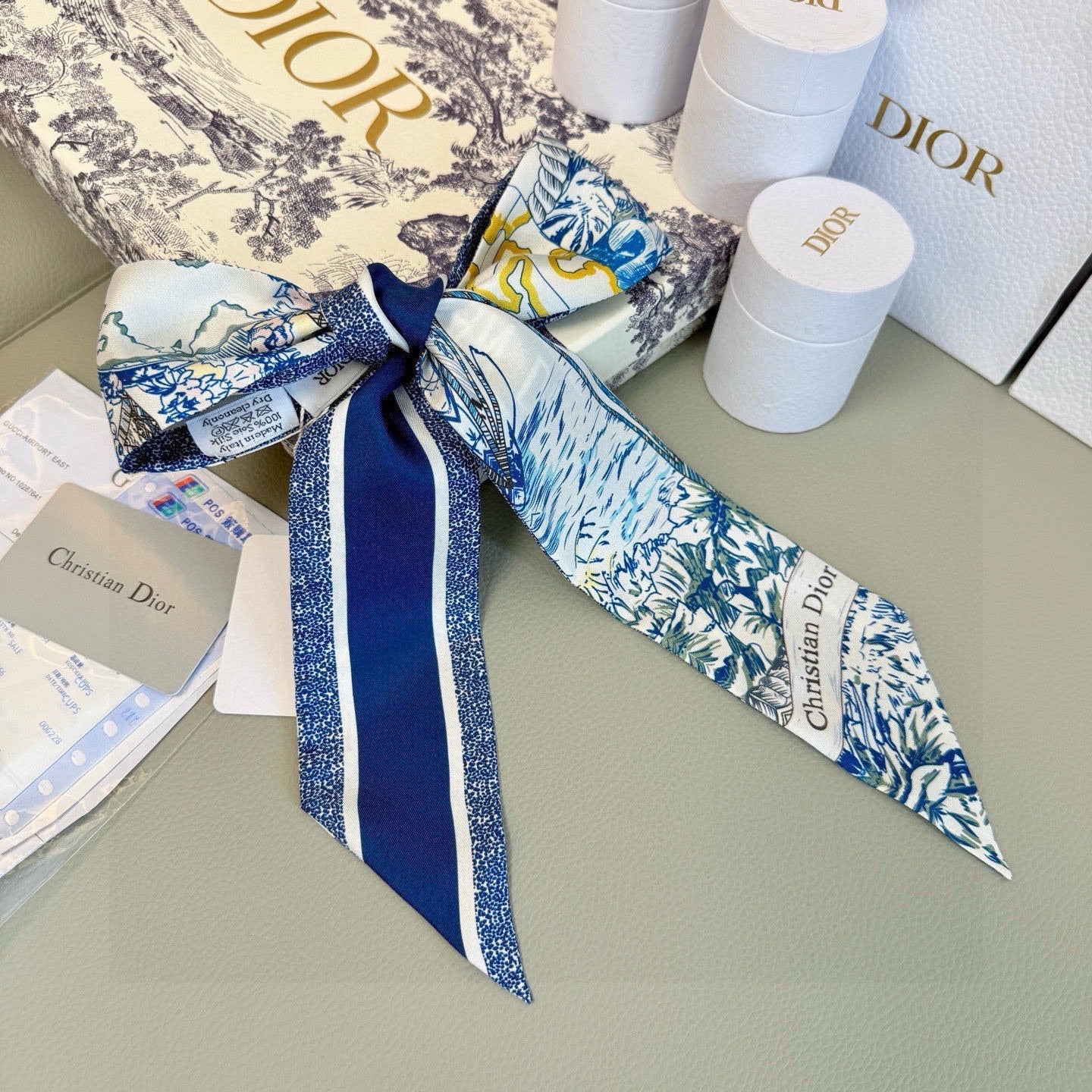 CD Twilly Mini Scarf 105cm Blue Colorful Mulberry Silk 945716