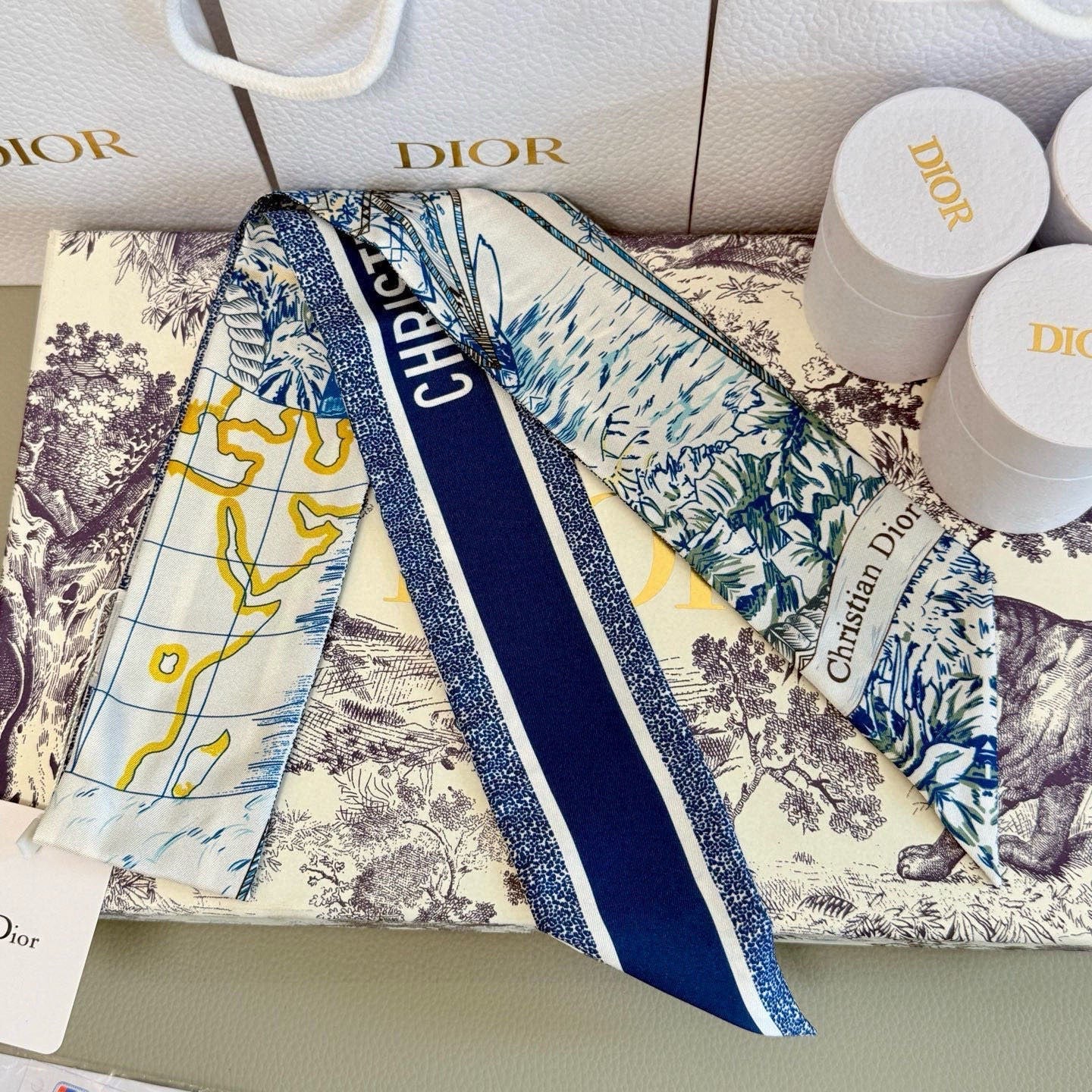 CD Twilly Mini Scarf 105cm Blue Colorful Mulberry Silk 945716