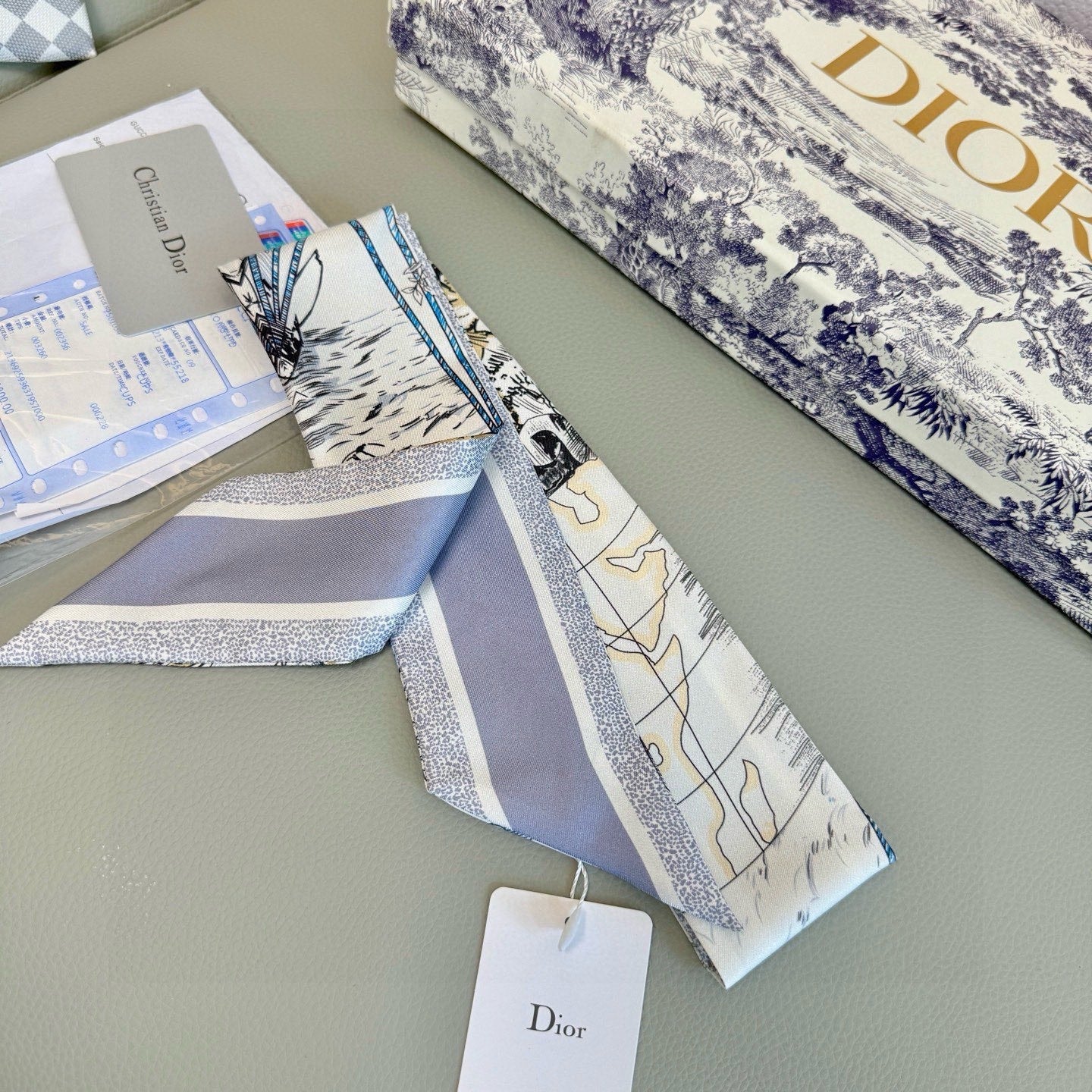 CD Twilly Mini Scarf 105cm Gray Colorful Mulberry Silk 945718