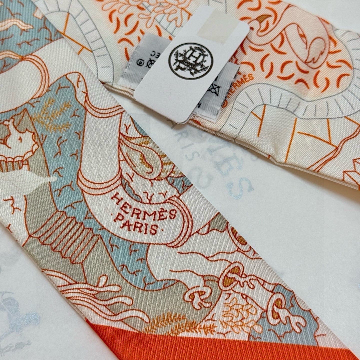 HM Twilly Mini Scarf 86CM Beige Orange Colorful Mulberry Silk 957047