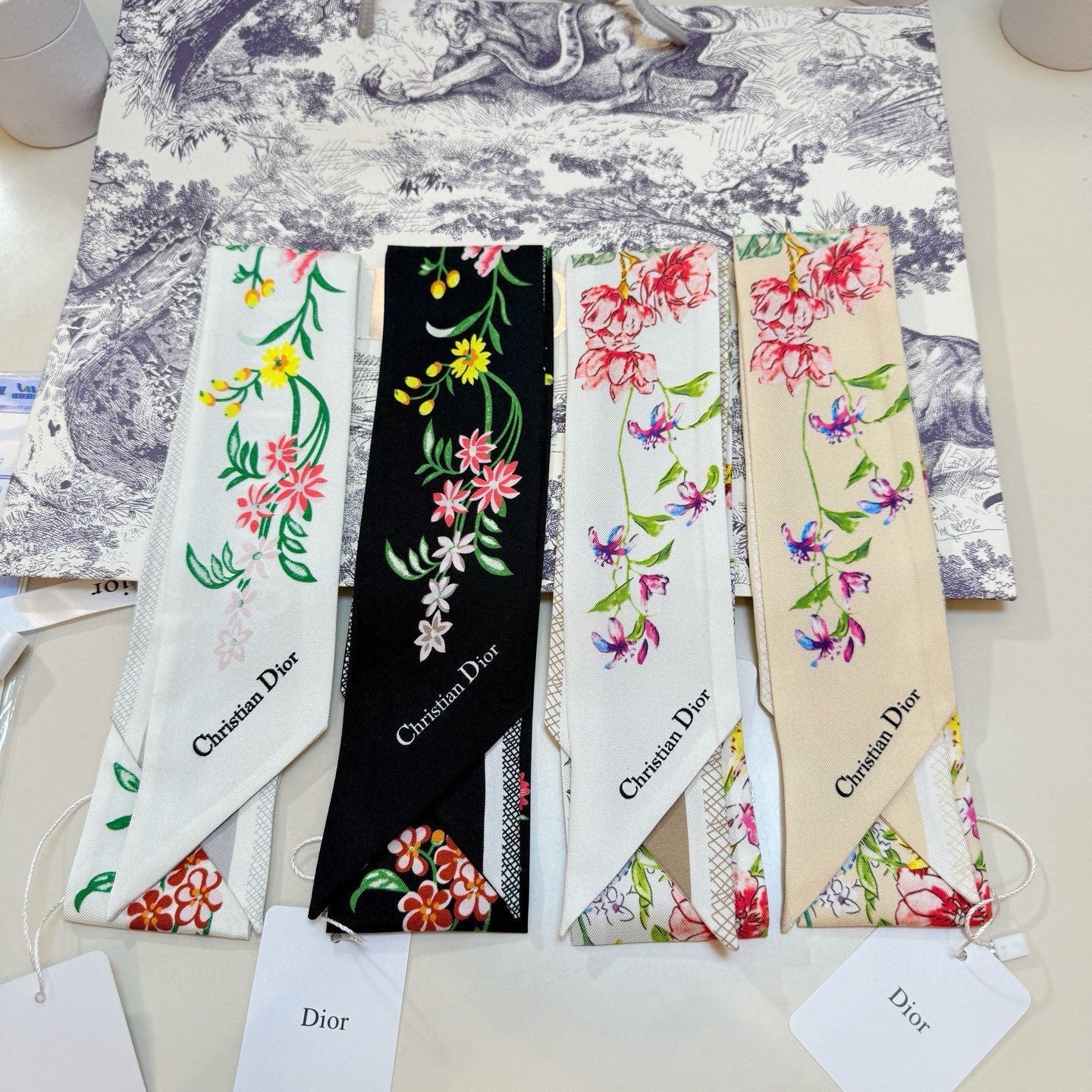 CD Twilly Mini Scarf 100cm Beige Colorful Mulberry Silk 958857