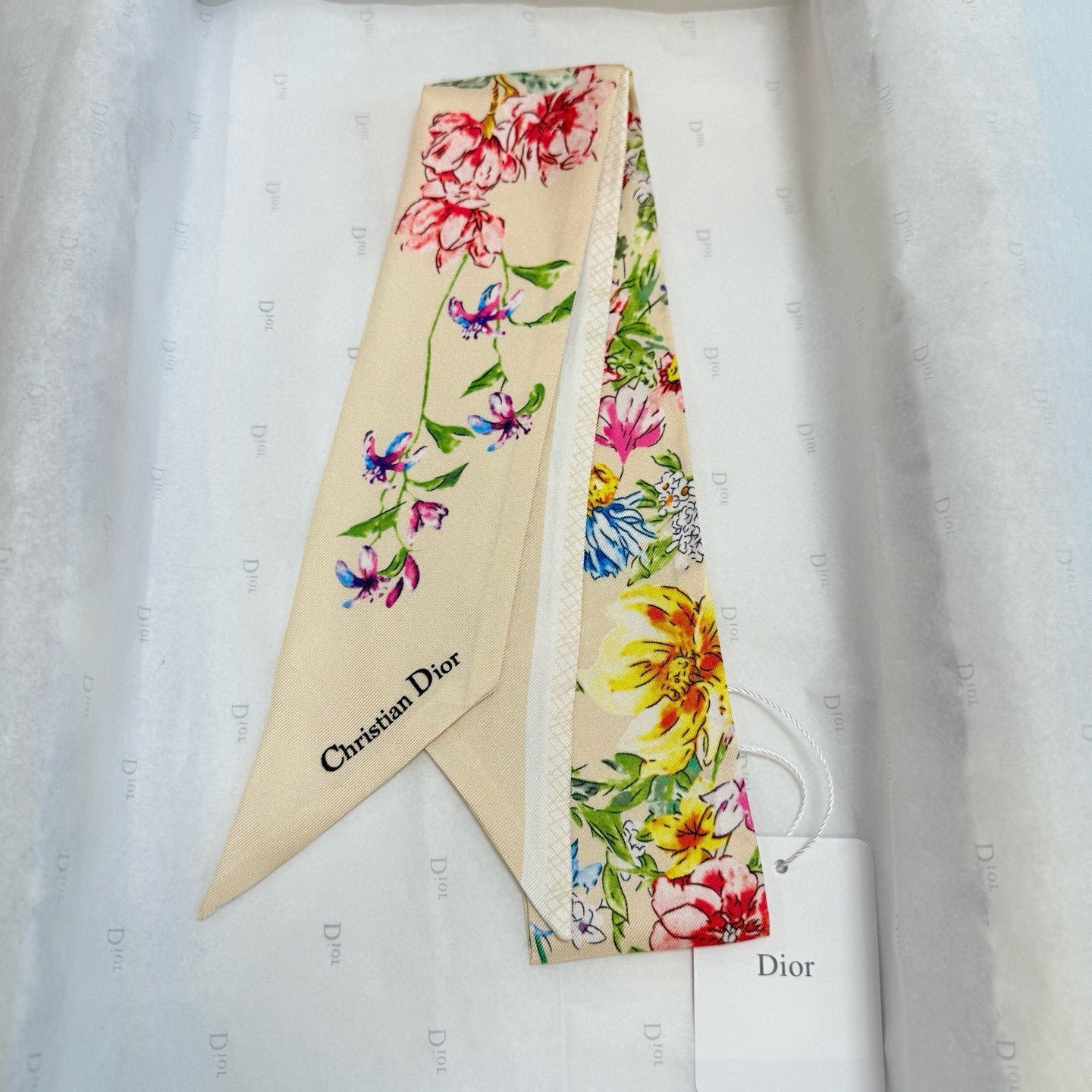 CD Twilly Mini Scarf 100cm Beige Colorful Mulberry Silk 958857