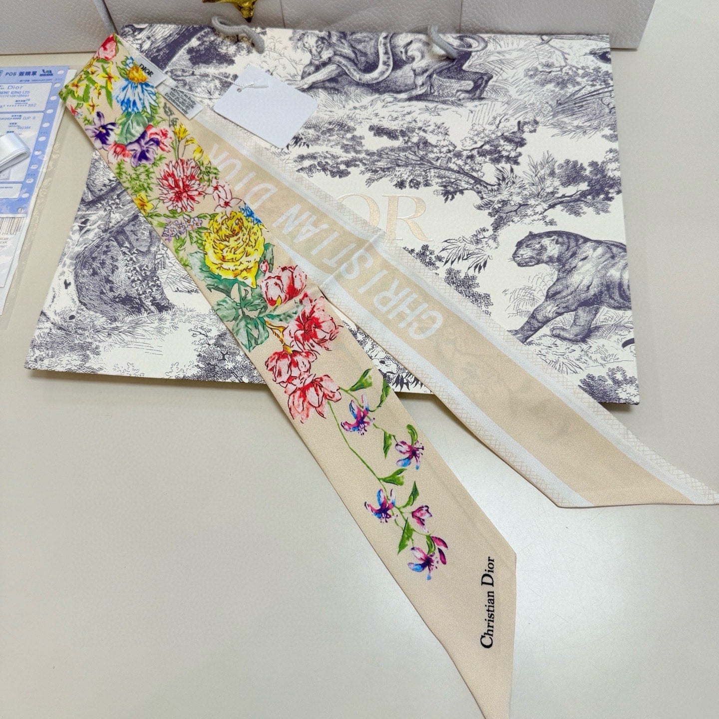 CD Twilly Mini Scarf 100cm Beige Colorful Mulberry Silk 958857