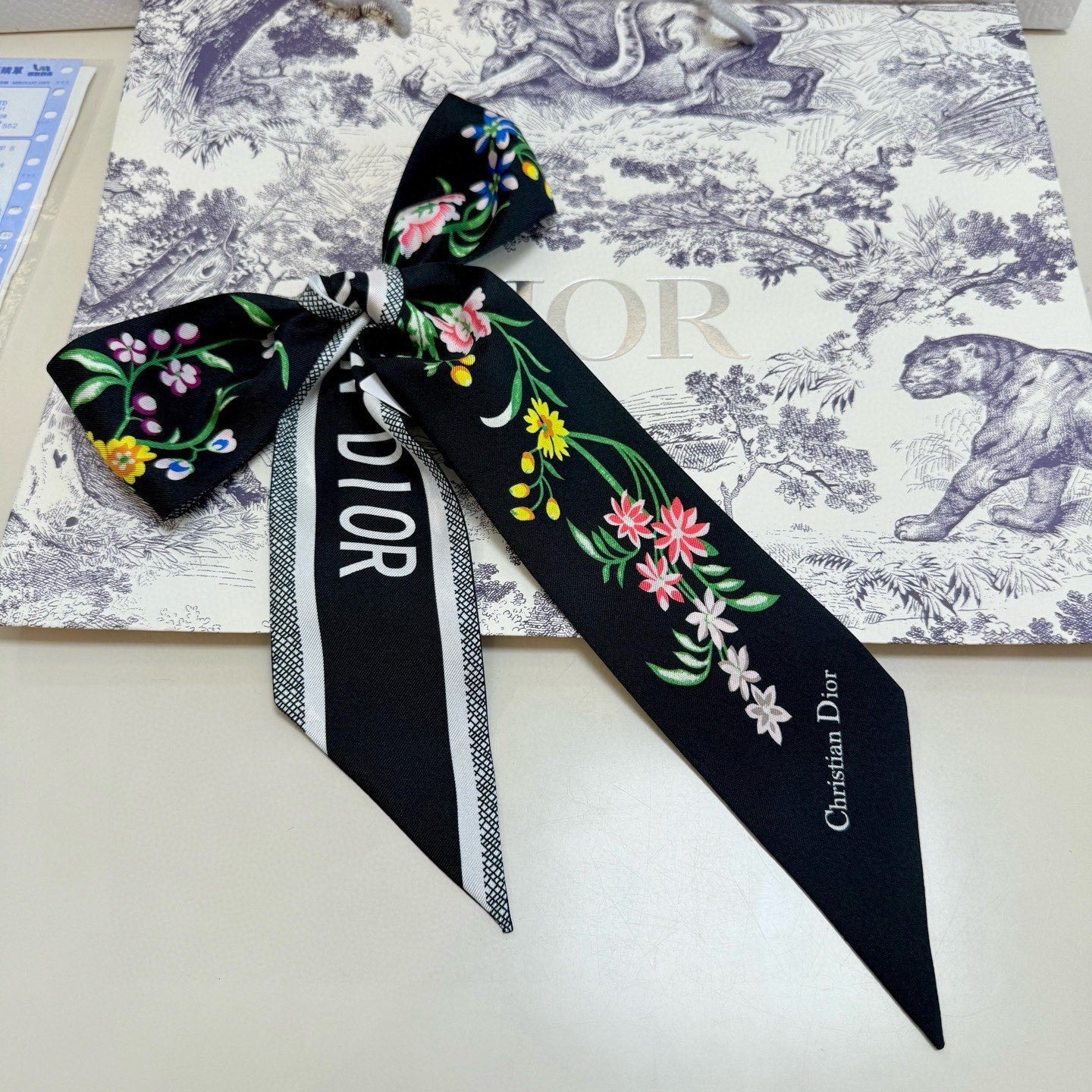 CD Twilly Mini Scarf 100cm Black Colorful Mulberry Silk 958859