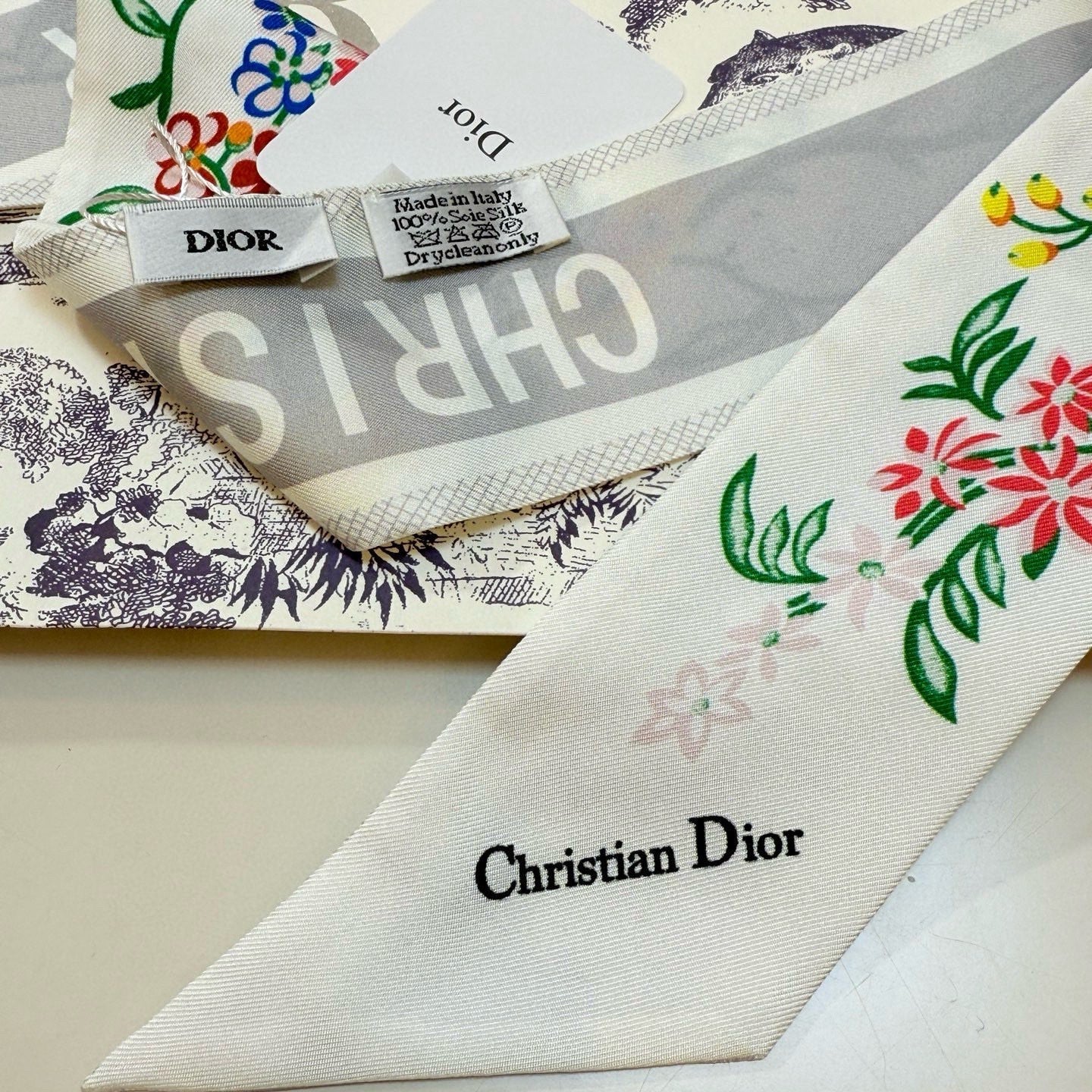 CD Twilly Mini Scarf 100cm White Colorful Mulberry Silk 958860