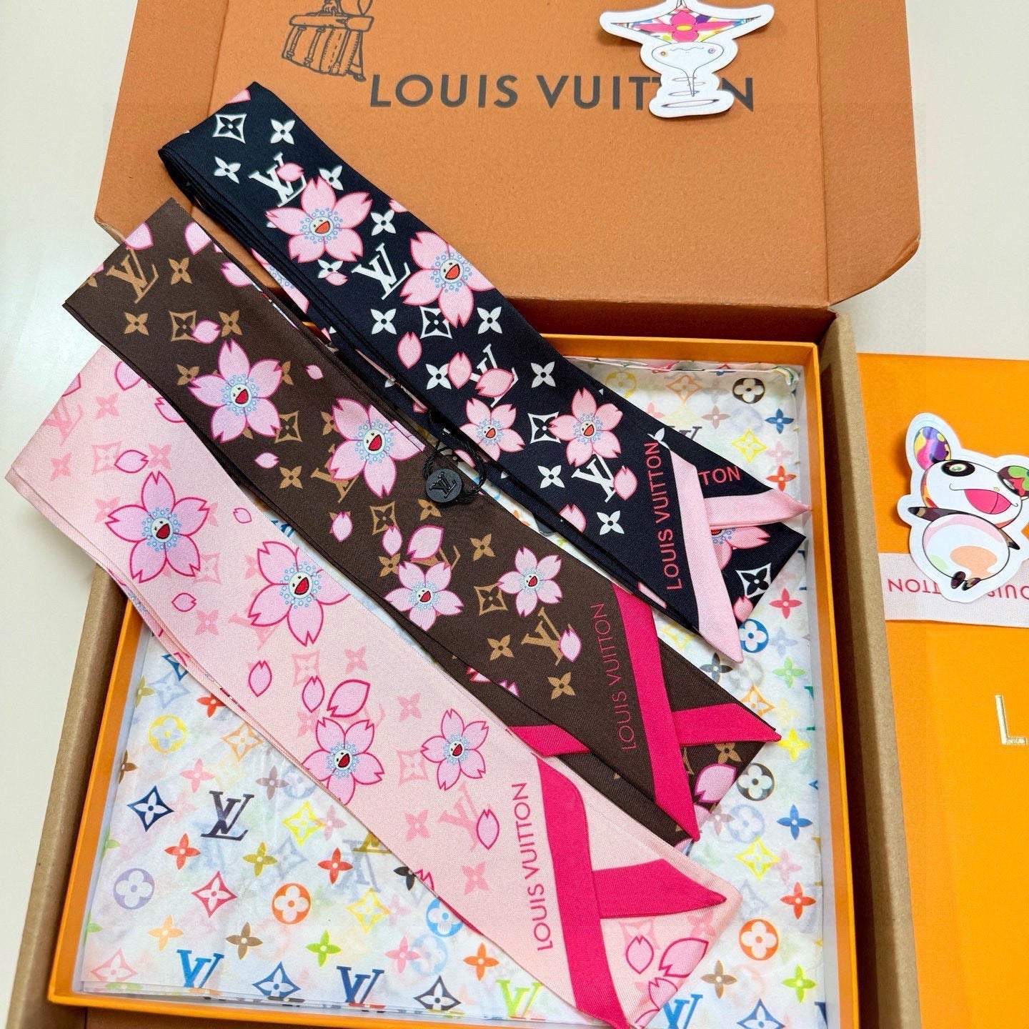 LV Twilly Scarf 120cm Pink Colorful Silk 965654