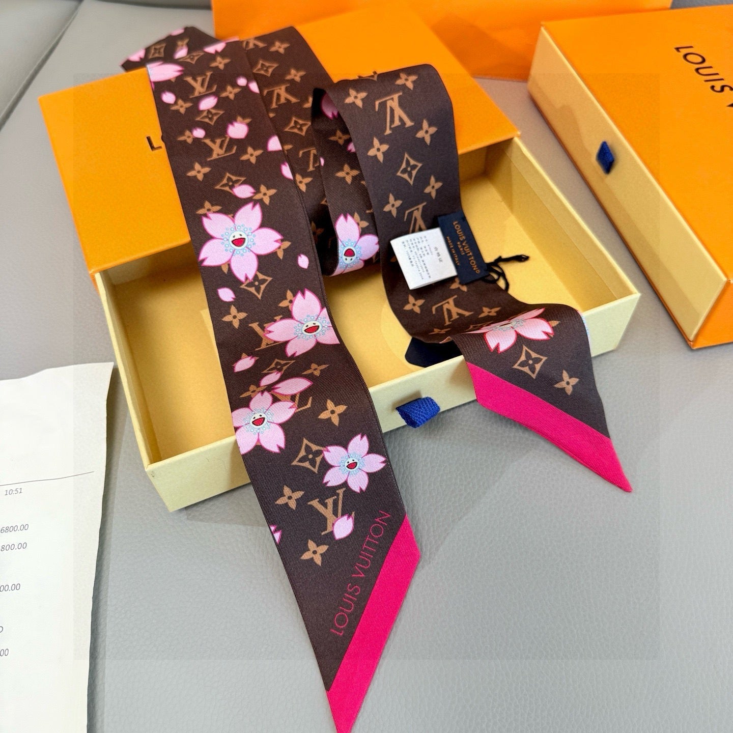 LV Twilly Scarf 120cm Brown Colorful Silk 965655