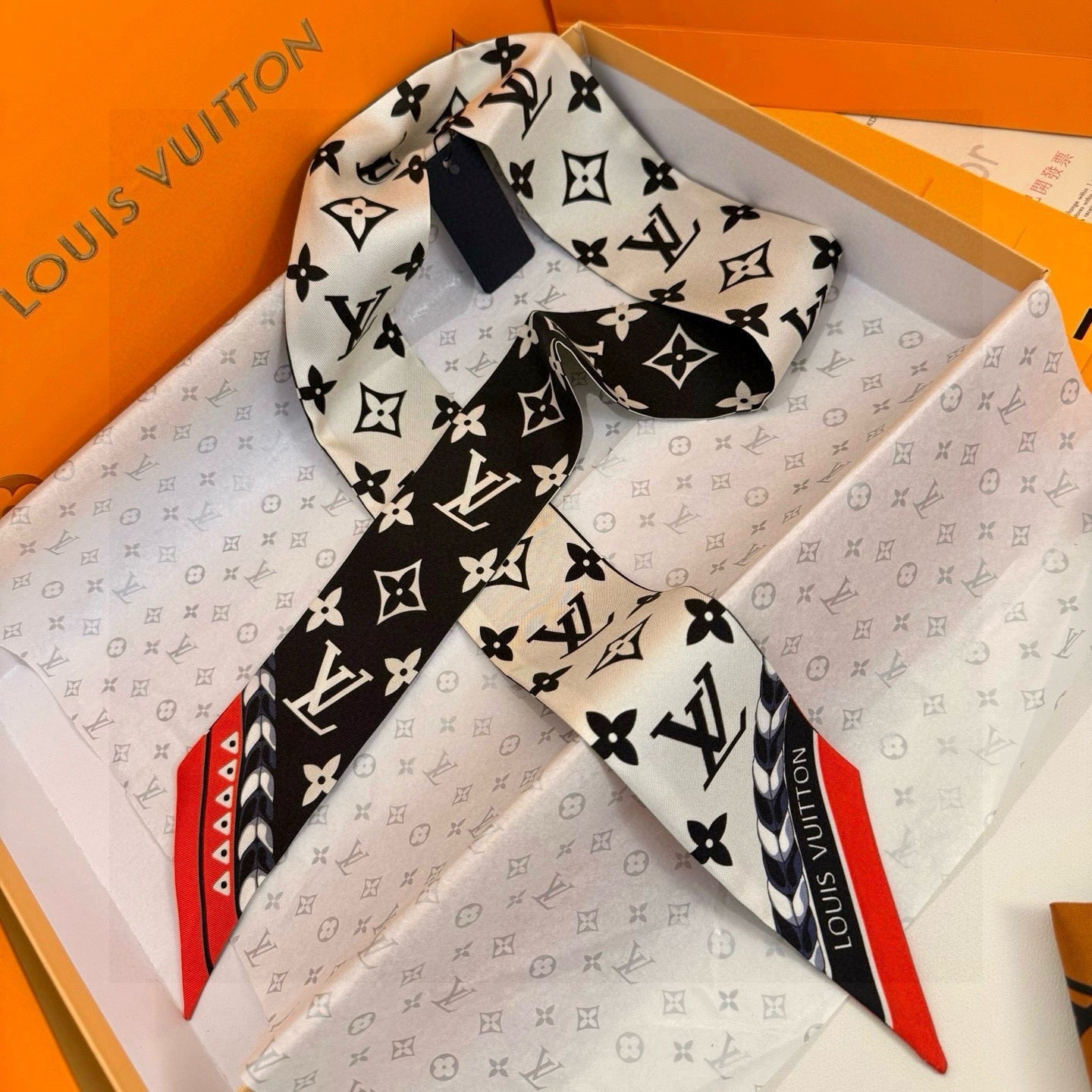 LV  Twilly Mini Scarf 120 Black Beige Silk Twill 967459