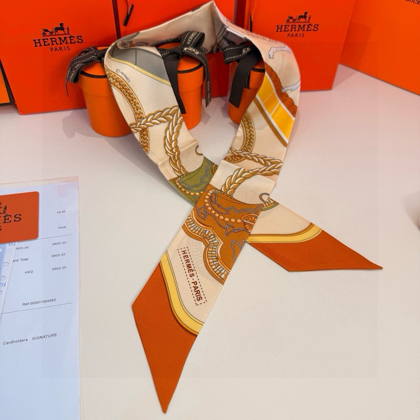 HM Twilly Mini Scarf 86CM Orange Beige Mulberry Silk 968830