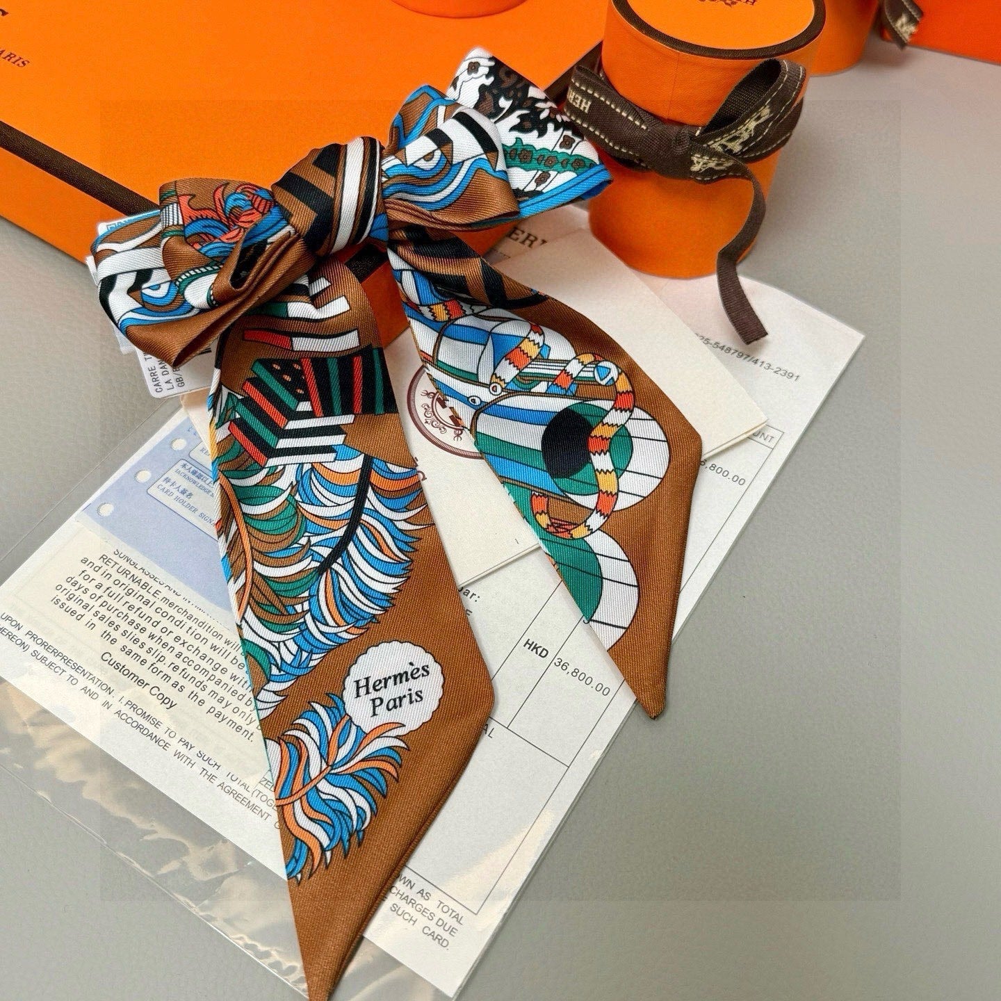 HM Twilly Mini Scarf 86CM Brown Blue Mulberry Silk 969048