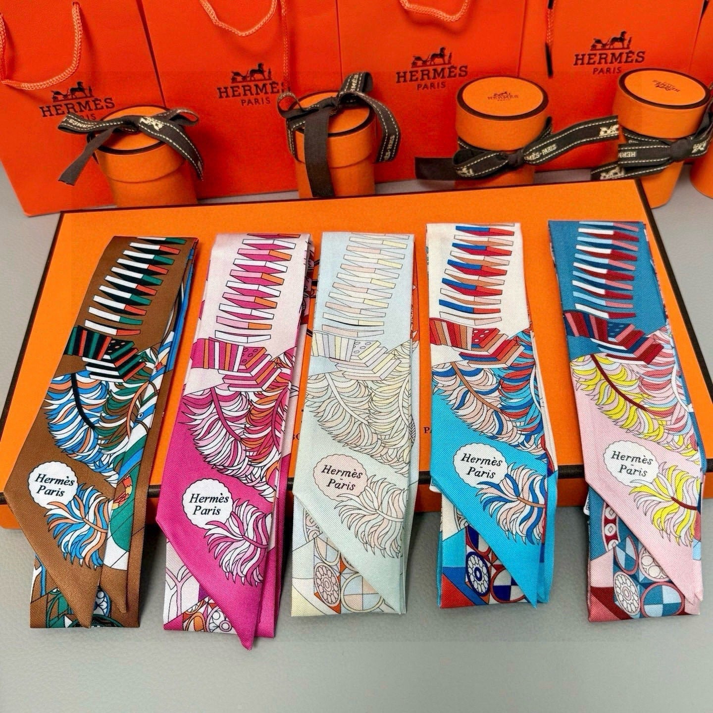 HM Twilly Mini Scarf 86CM Brown Blue Mulberry Silk 969048