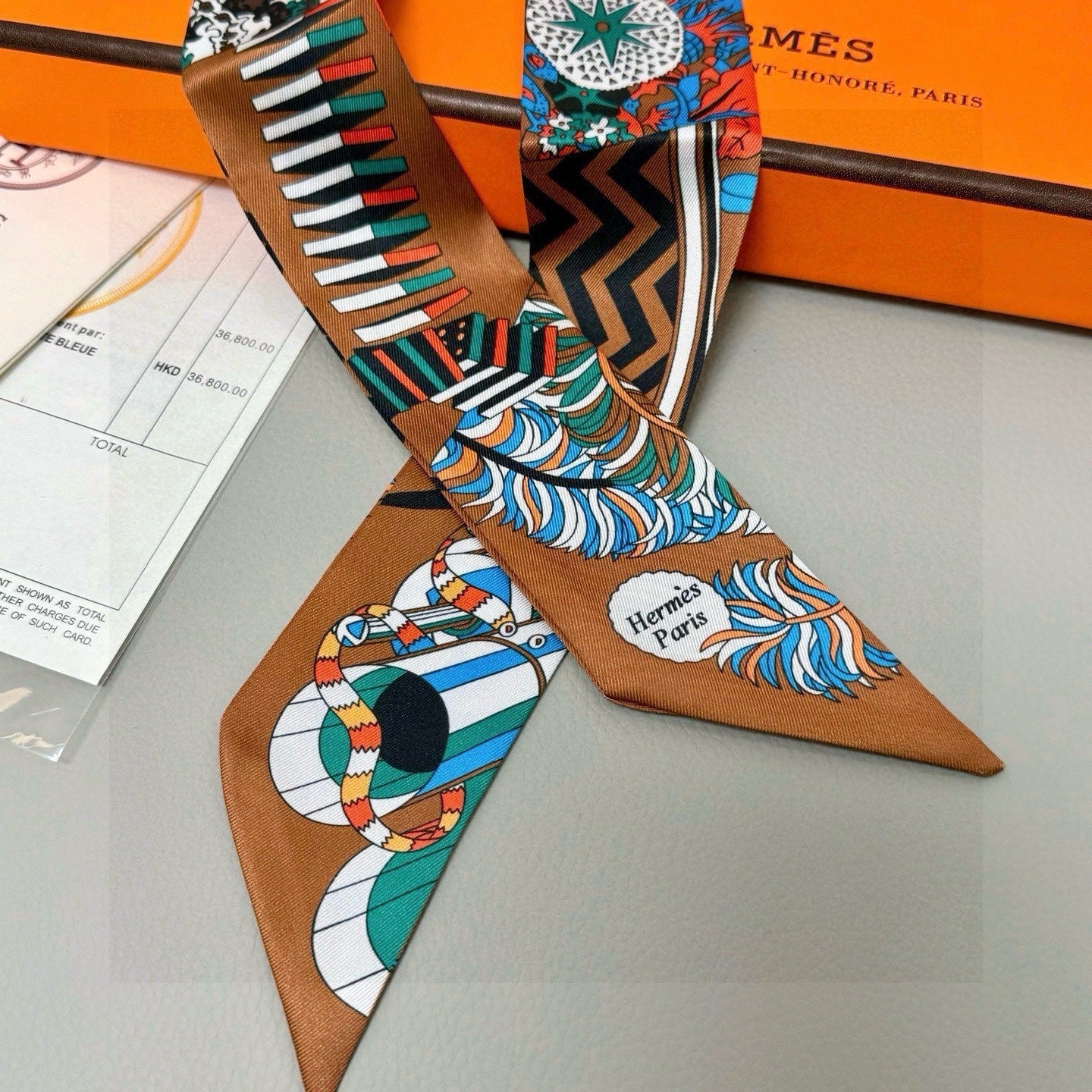 HM Twilly Mini Scarf 86CM Brown Blue Mulberry Silk 969048