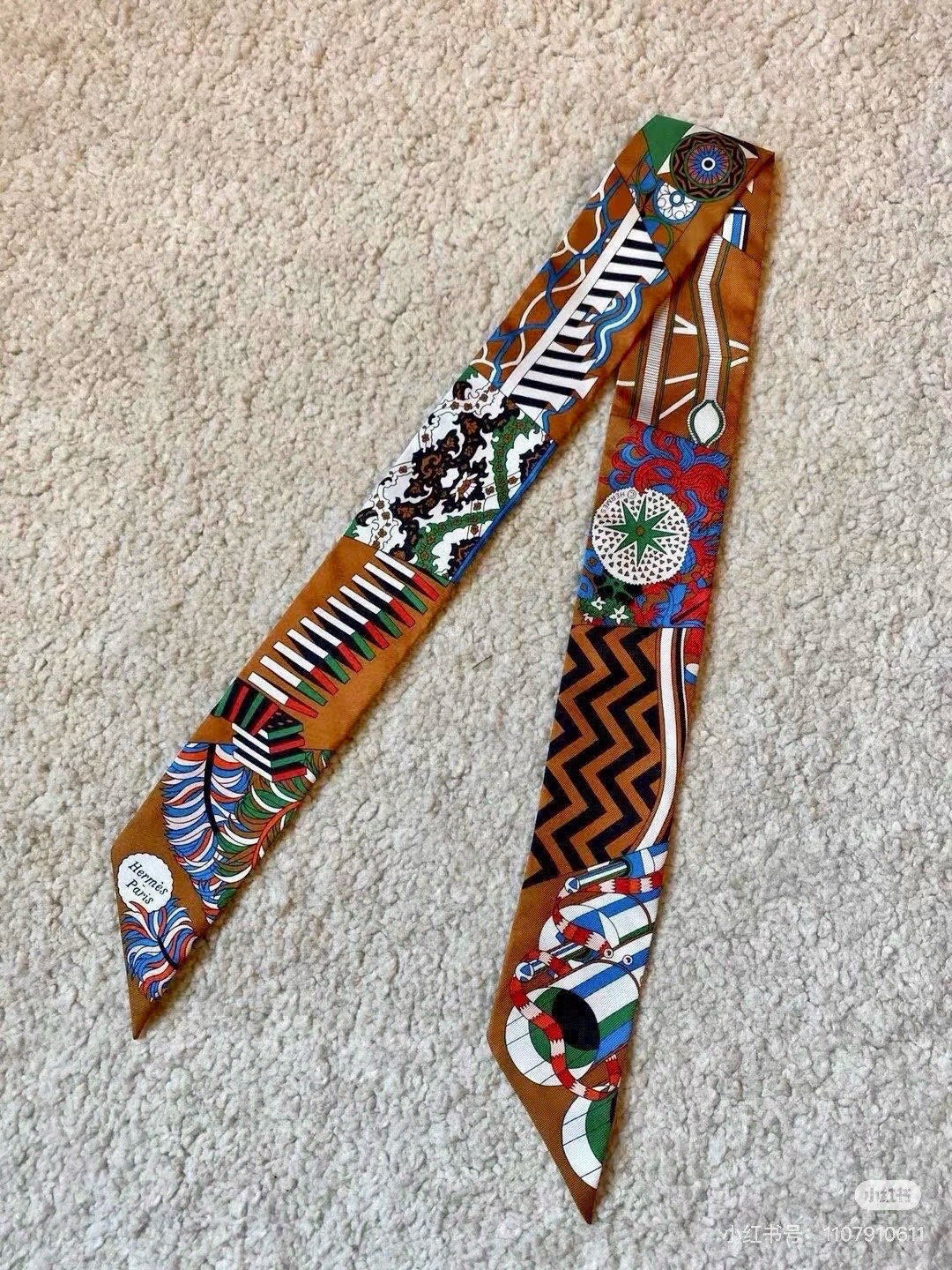 HM Twilly Mini Scarf 86CM Brown Blue Mulberry Silk 969048