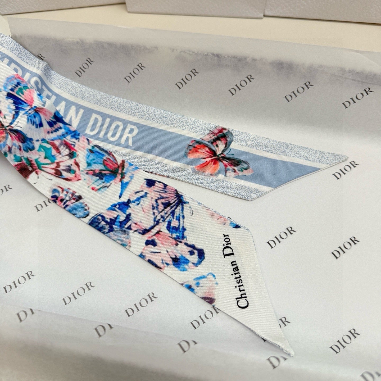 CD Twilly Mini Scarf 105cm Butterfly Light Blue Mulberry Silk 976489