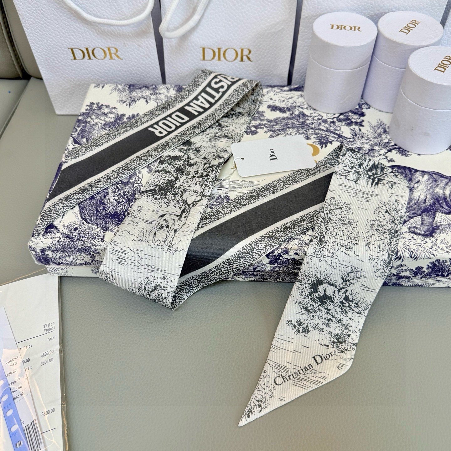 CD Twilly Mini Scarf 105cm Black White Mulberry Silk 976492