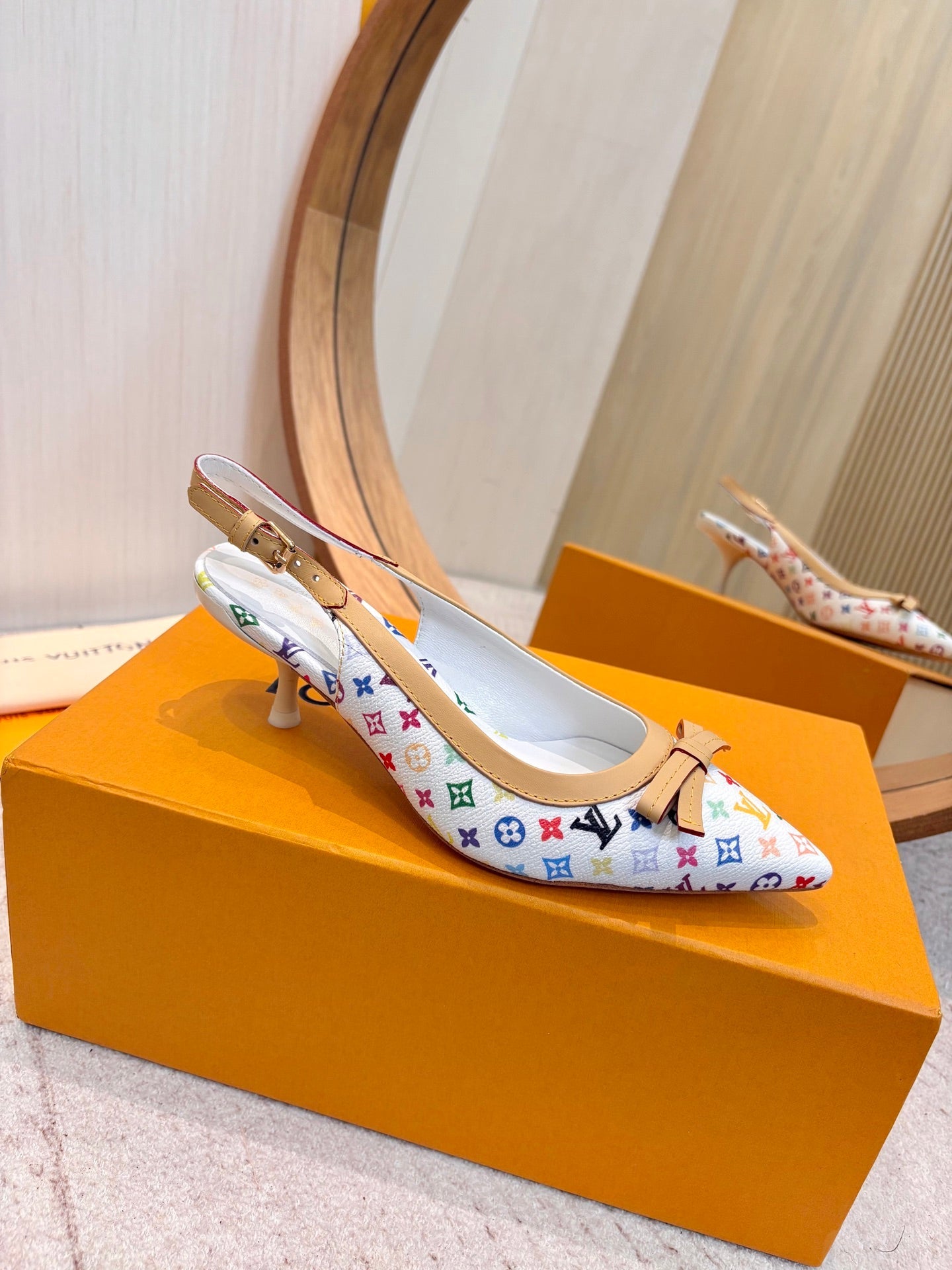 LV 26ss Slingback 65 White Multicolor Monogram Cowhide  671235