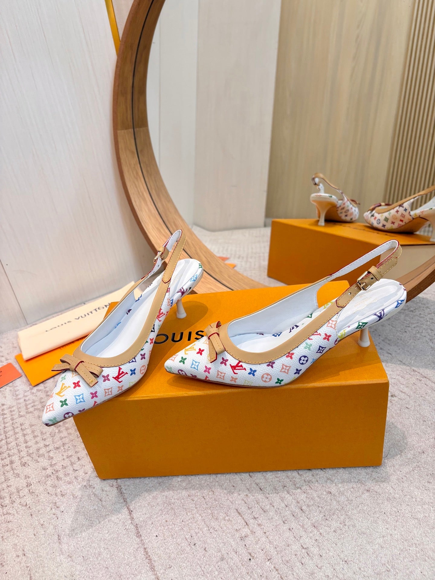 LV 26ss Slingback 65 White Multicolor Monogram Cowhide  671235