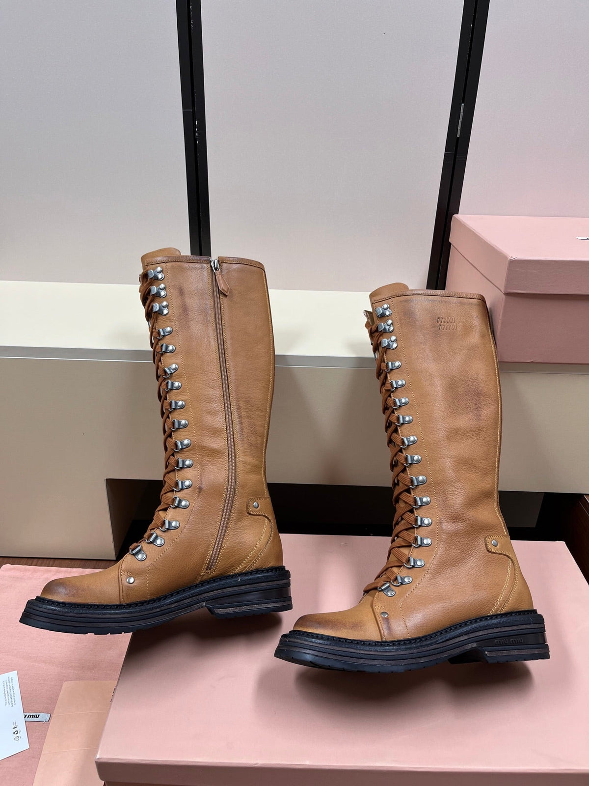 Miu Miu 2026 Lace-Up Boots Tan Leather 157085