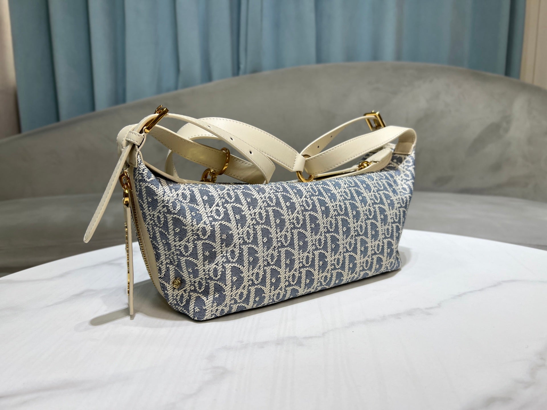 CD Jacquard Hobo Bag 26 With Chain Blue White Canvas