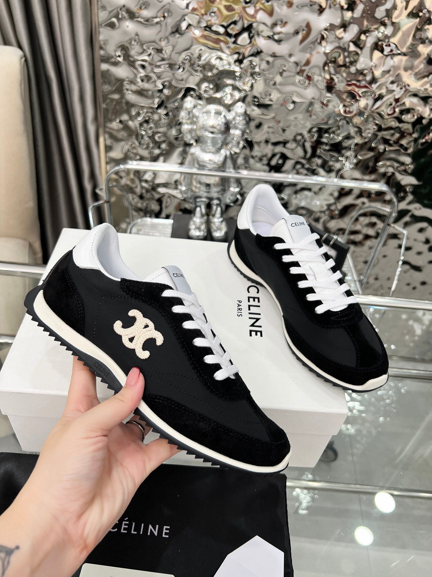 Celine 2026 Racer Sneaker Black White Velvet Fabric