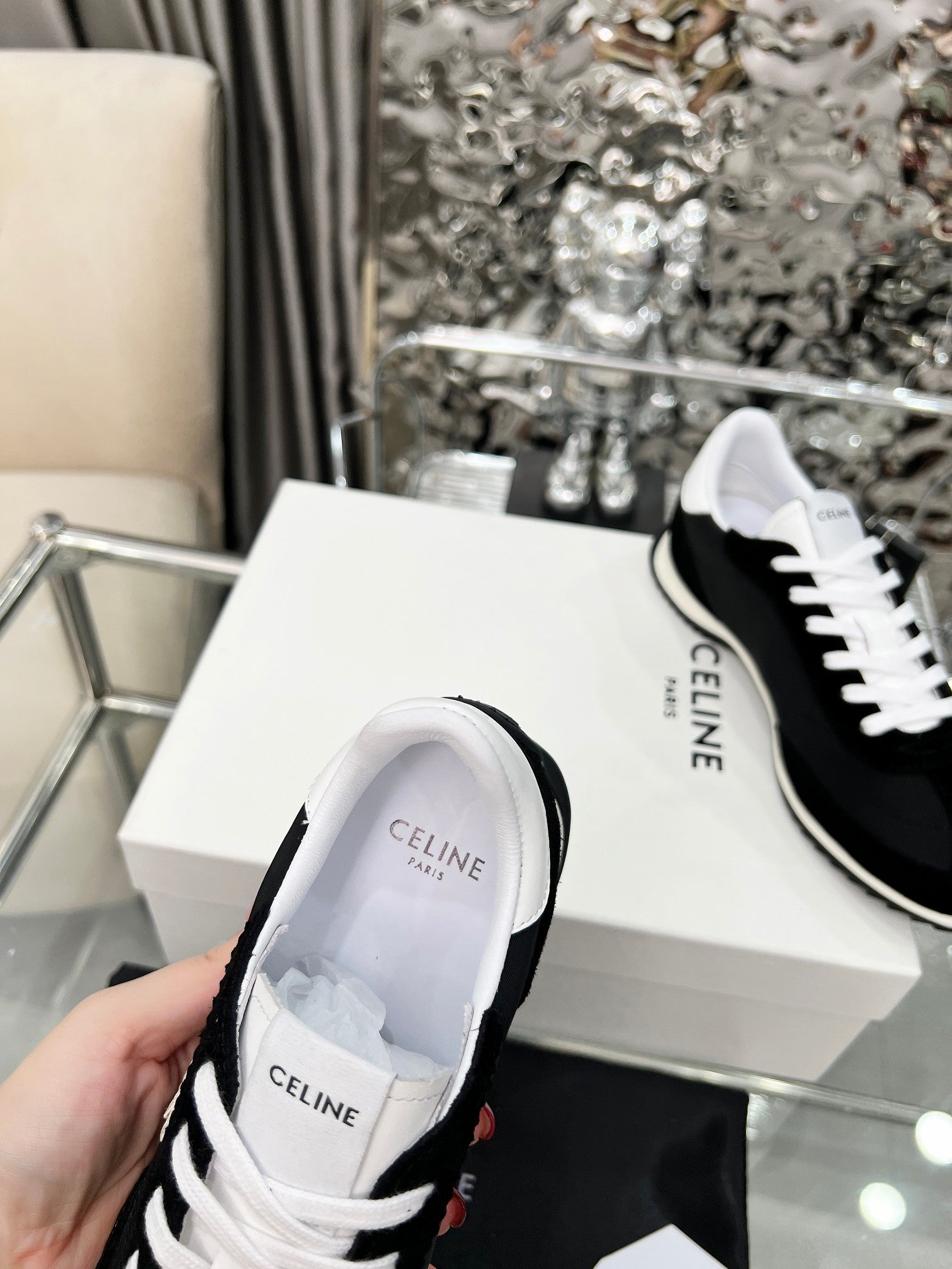 Celine 2026 Racer Sneaker Black White Velvet Fabric