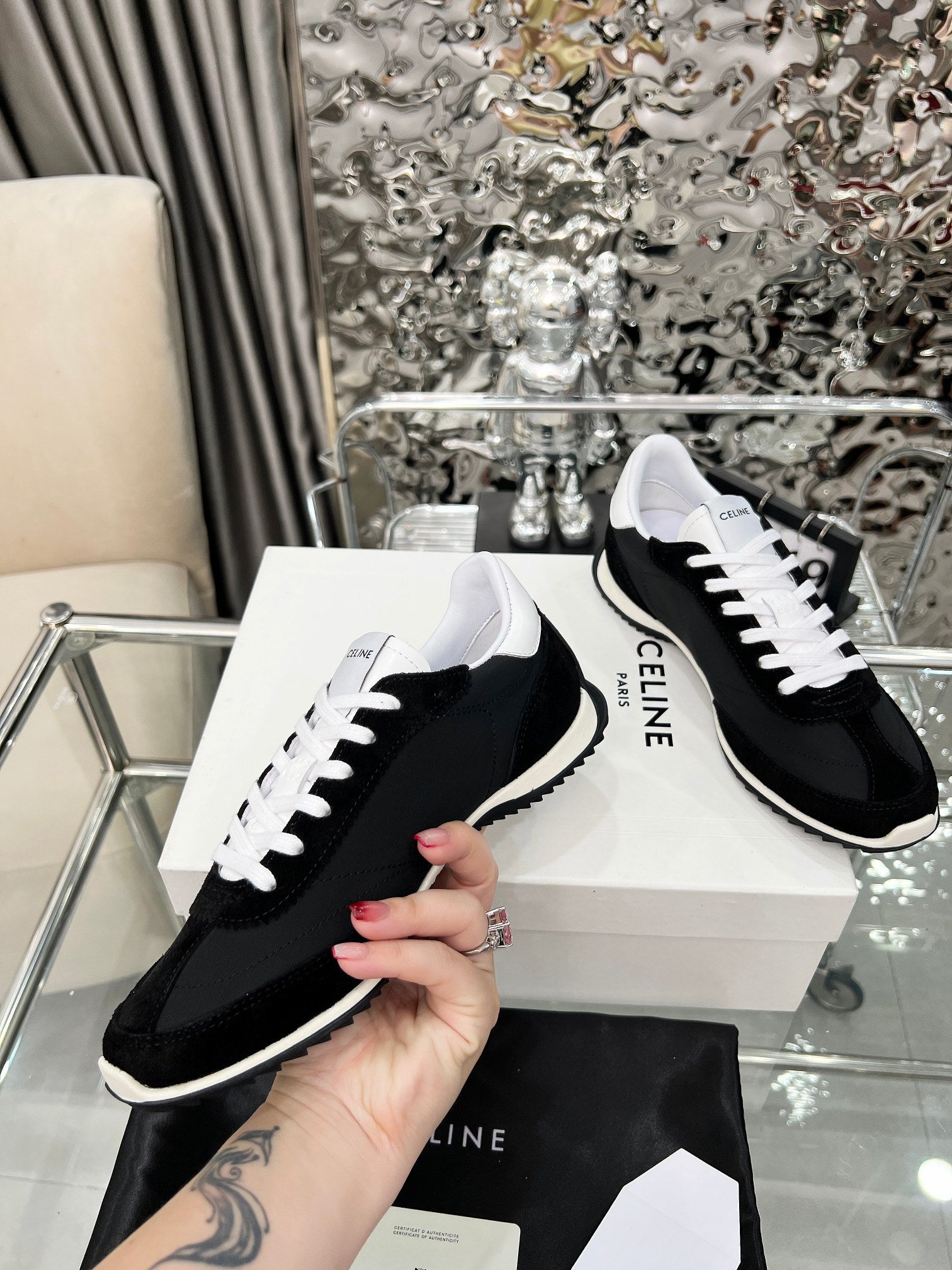 Celine 2026 Racer Sneaker Black White Velvet Fabric