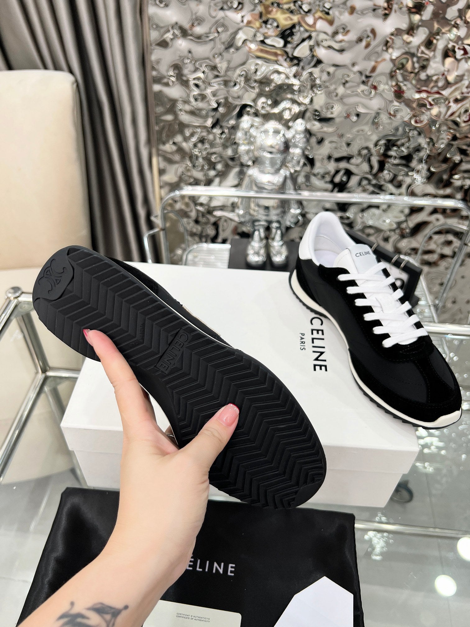 Celine 2026 Racer Sneaker Black White Velvet Fabric