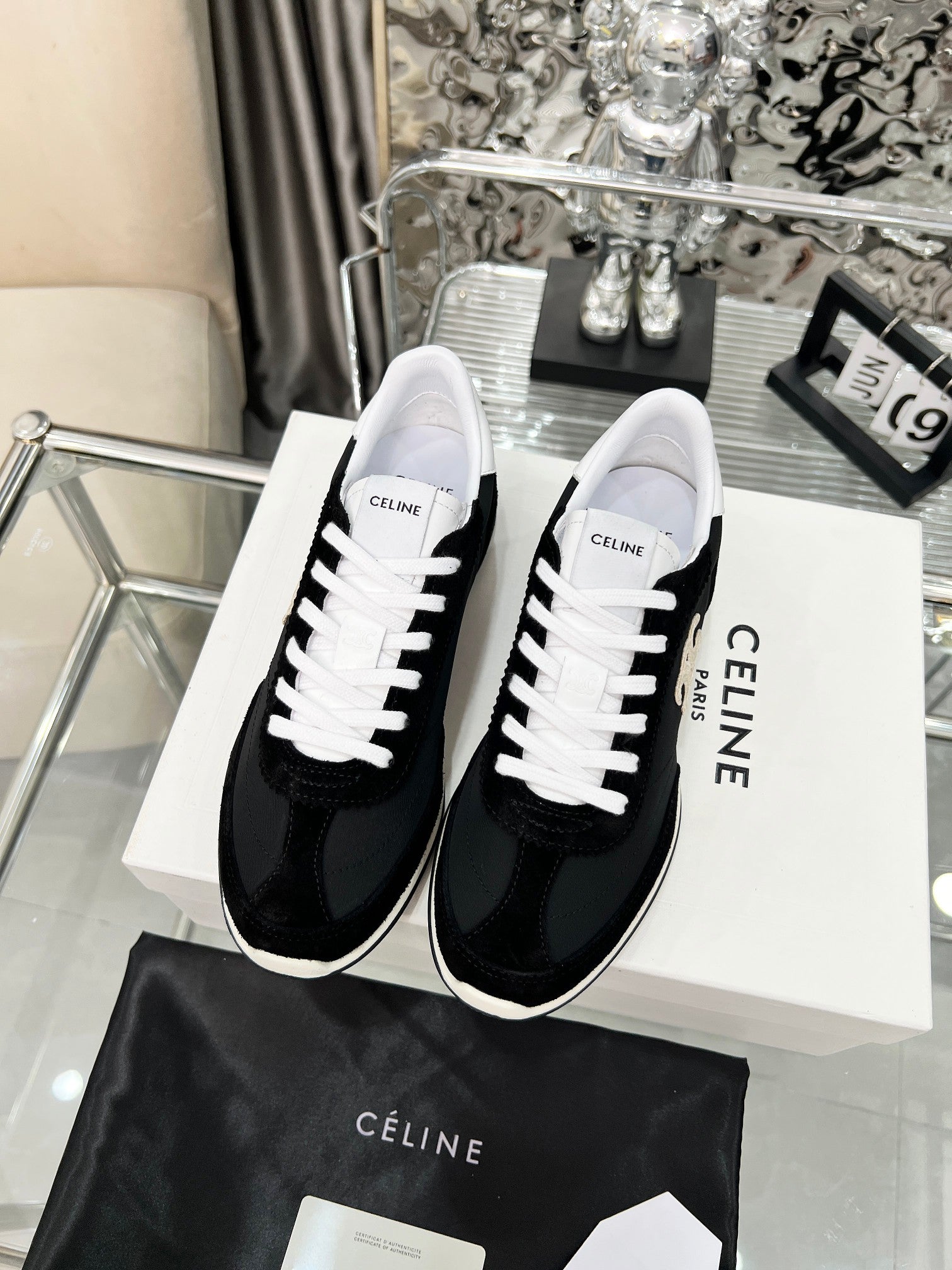 Celine 2026 Racer Sneaker Black White Velvet Fabric