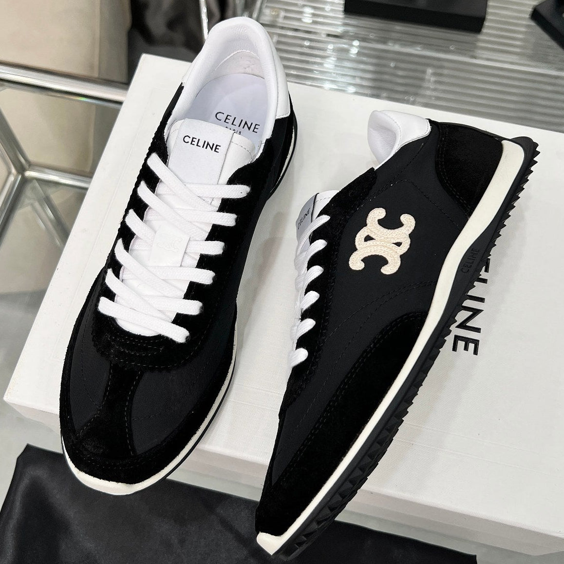 Celine 2026 Racer Sneaker Black White Velvet Fabric
