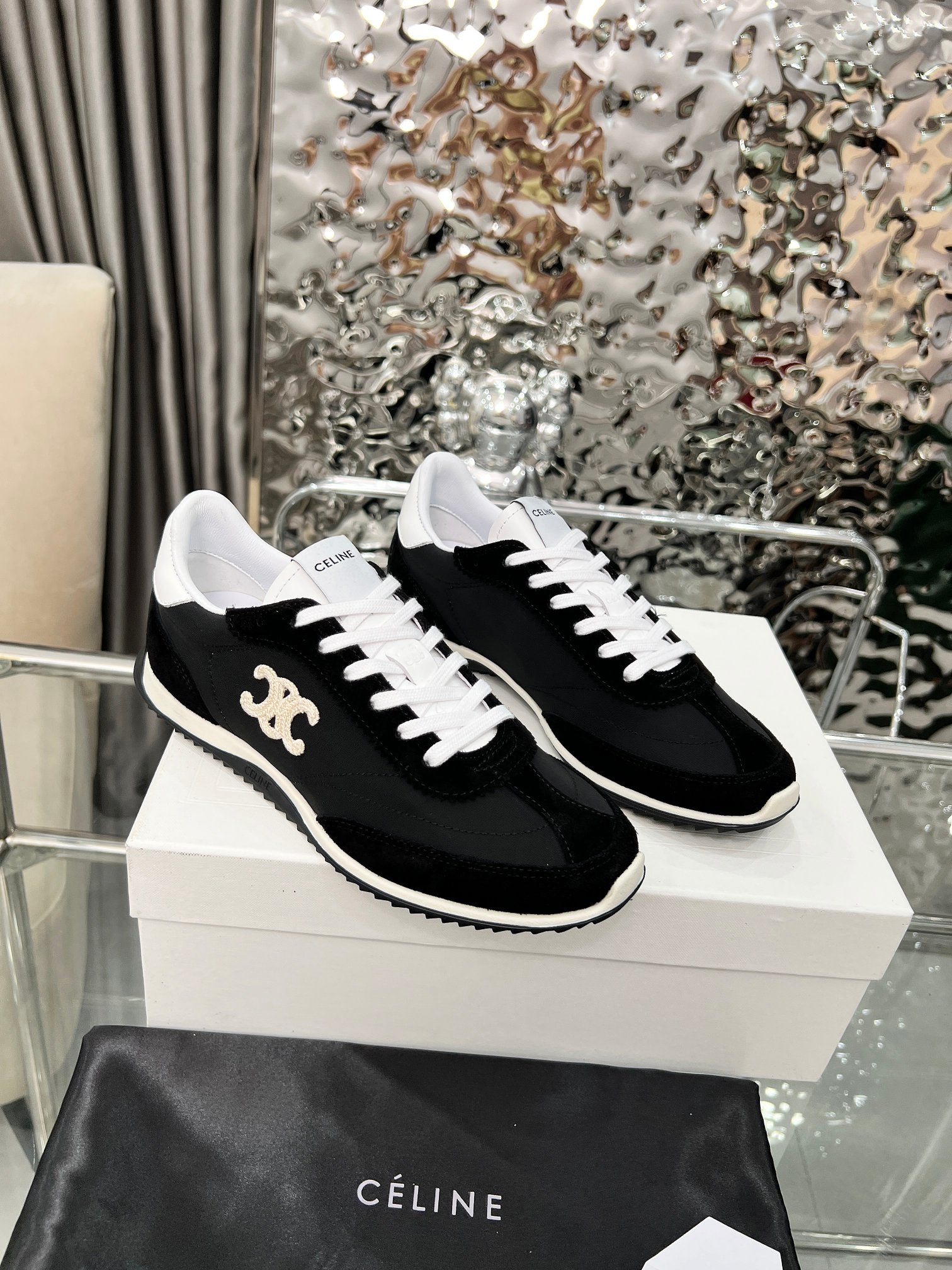 Celine 2026 Racer Sneaker Black White Velvet Fabric