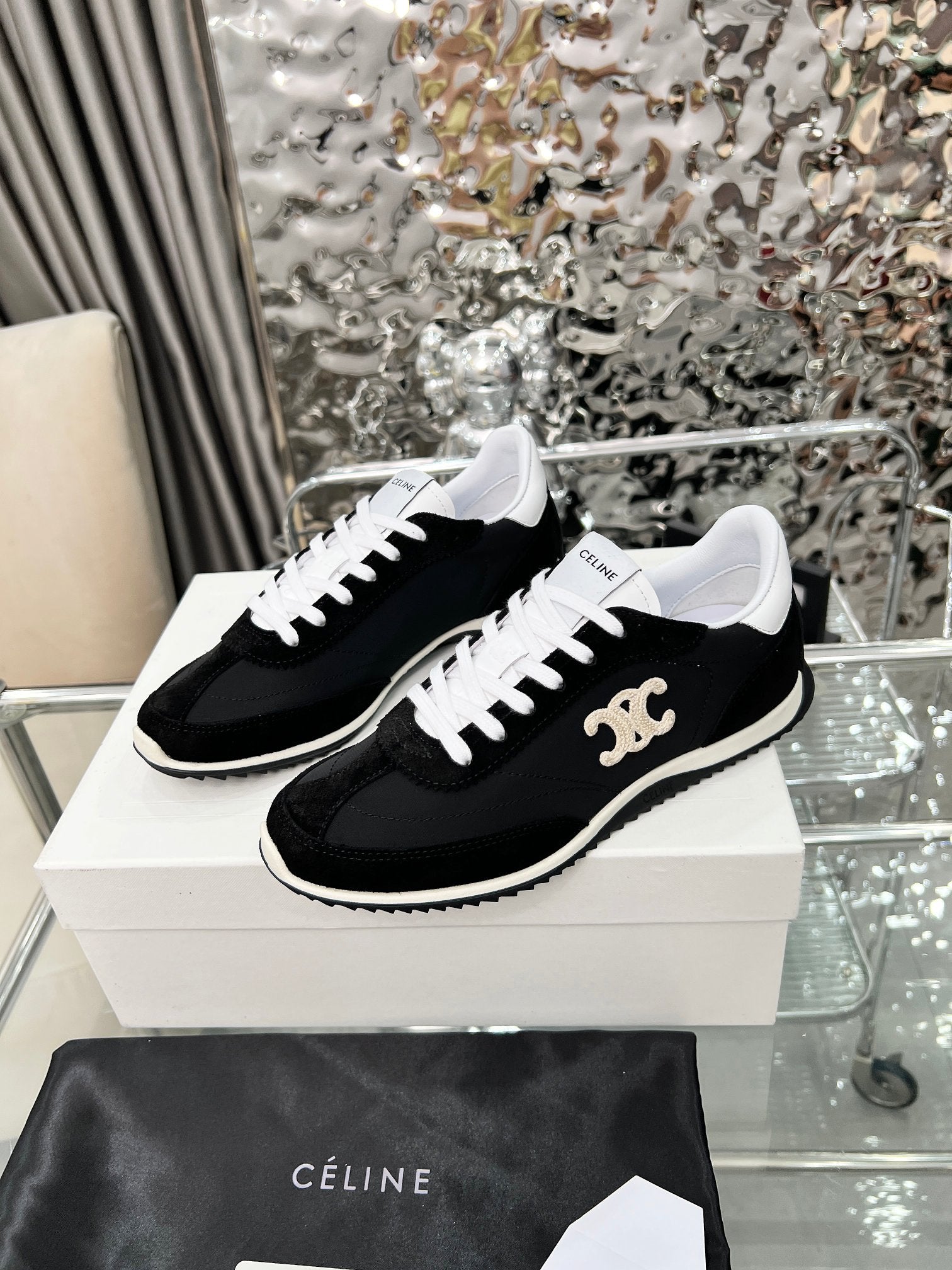 Celine 2026 Racer Sneaker Black White Velvet Fabric