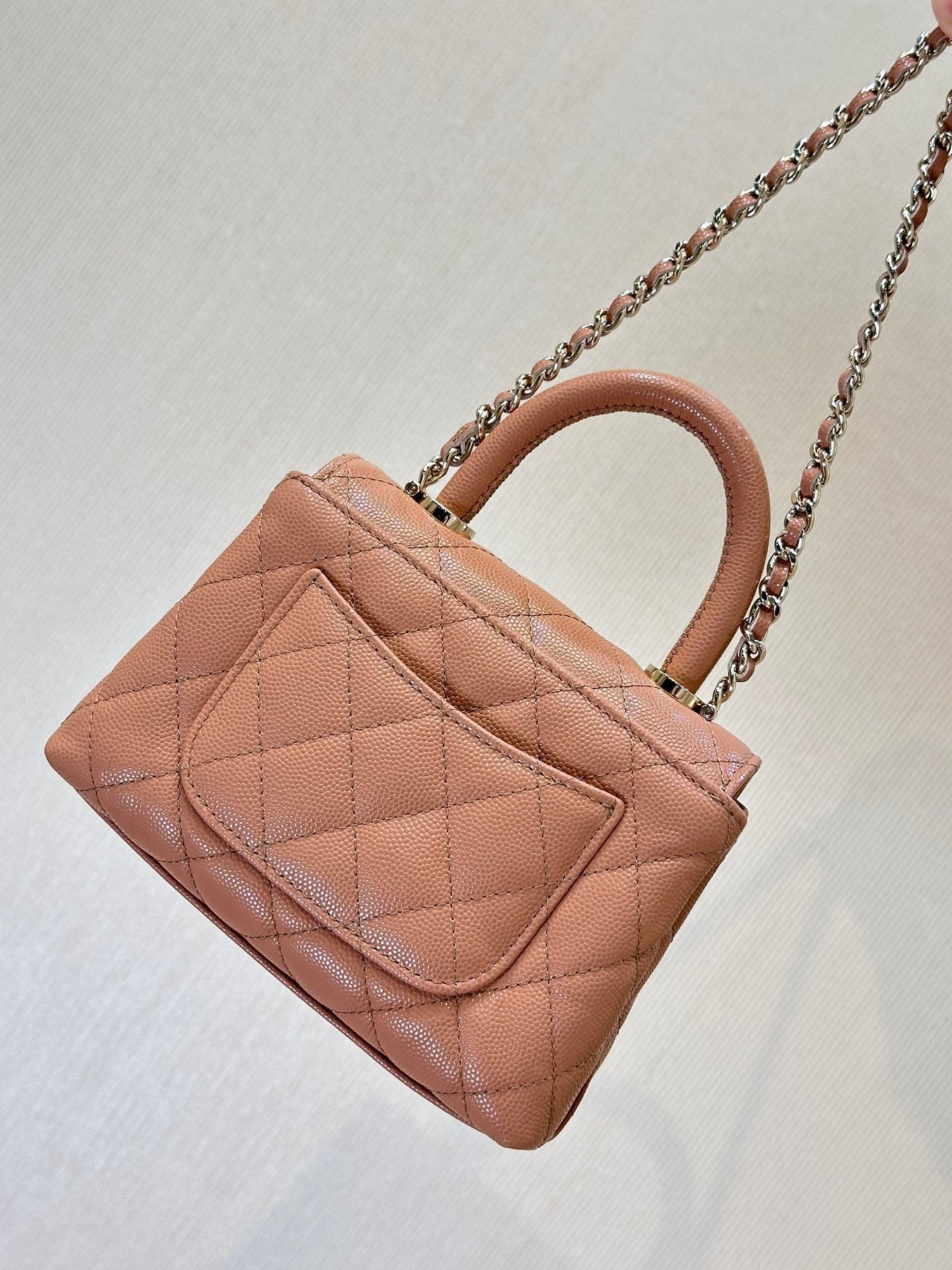 CC 24K Coco Handle Nano 14.5cm Begie Grained Calfskin Gold Hardware