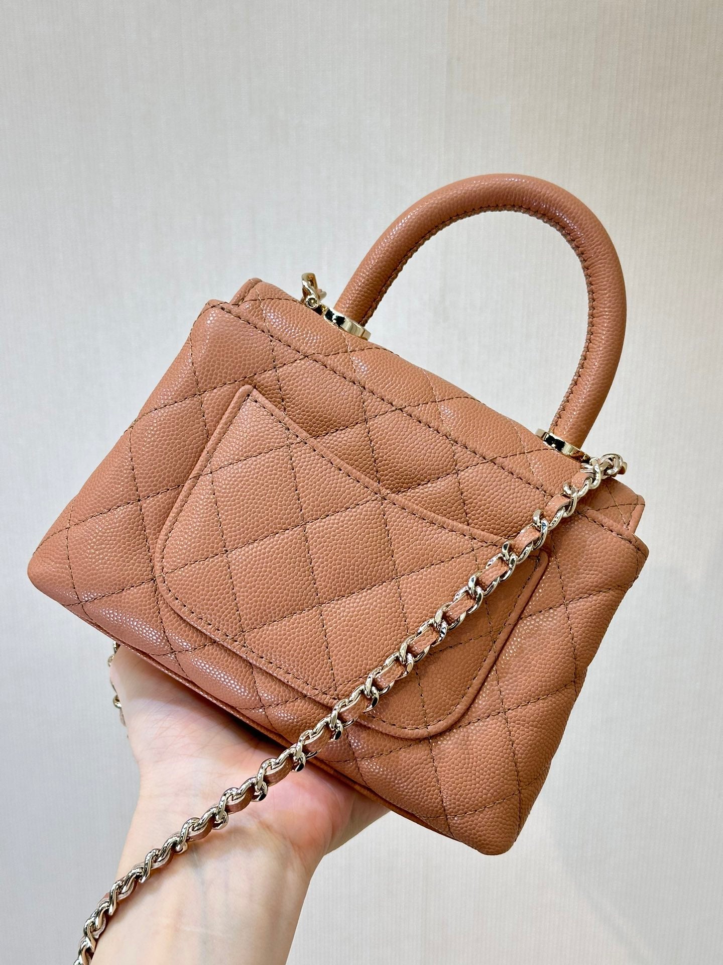 CC 24K Coco Handle Nano 14.5cm Begie Grained Calfskin Gold Hardware